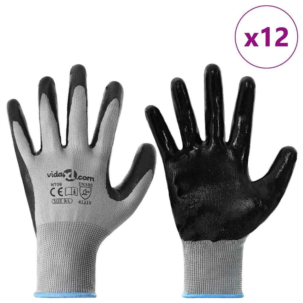 vidaXL Arbeitshandschuh-Set Arbeitshandschuhe 12 Stk. Grau und Schwarz 9 / l Polyester (12-St)