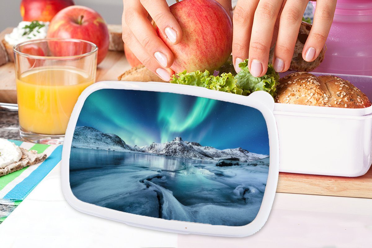 Norwegen, Lunchbox - Kinder für Mädchen und - Eis Jungs Brotdose, MuchoWow Schnee und für Brotbox weiß Kunststoff, (2-tlg), Nordlichter Erwachsene, -