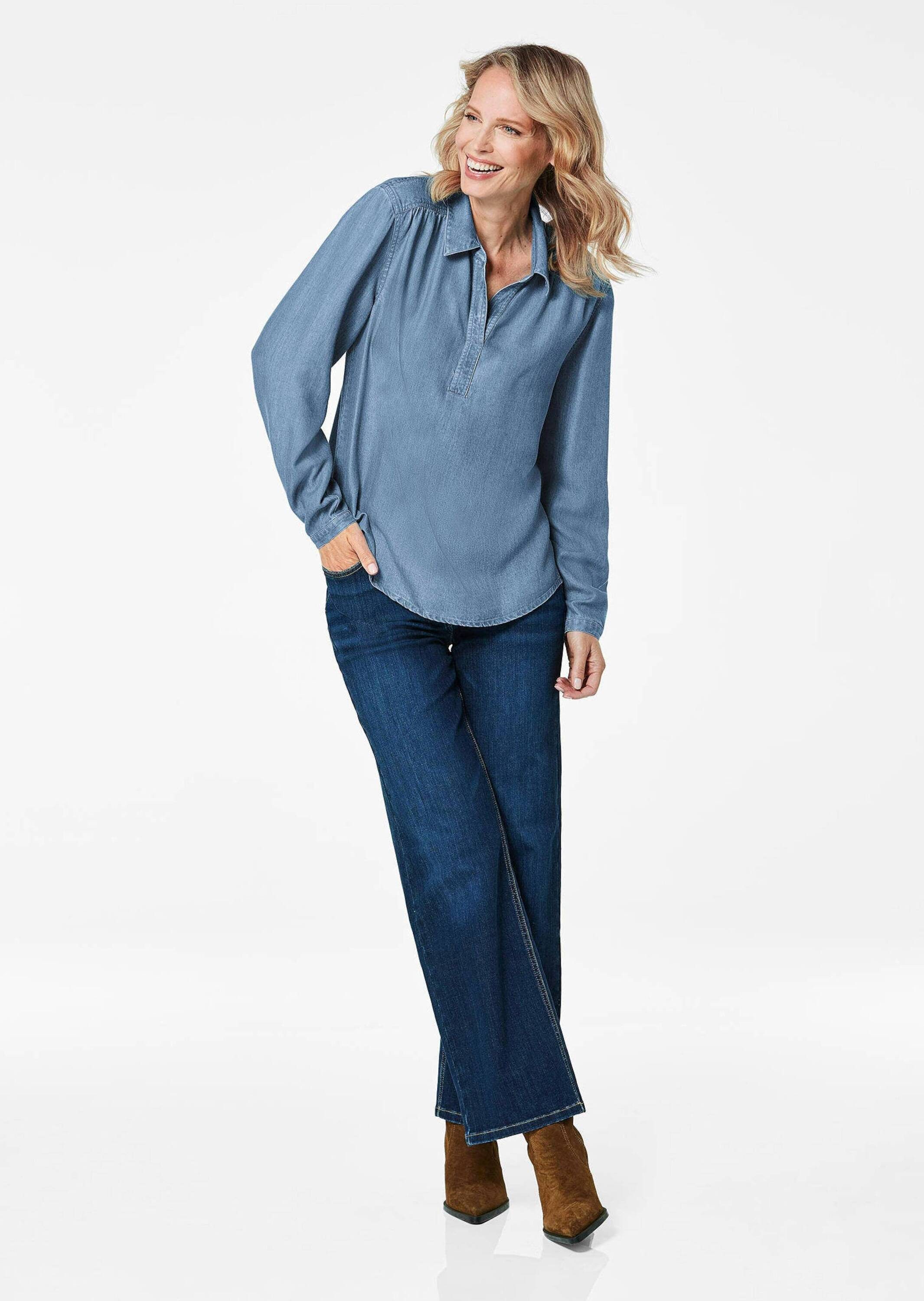 GOLDNER Klassische Bluse Denimbluse mit offenem Hemdkragen Hemdbluse mit Kräuselungen, Kellerfalten und Langarm