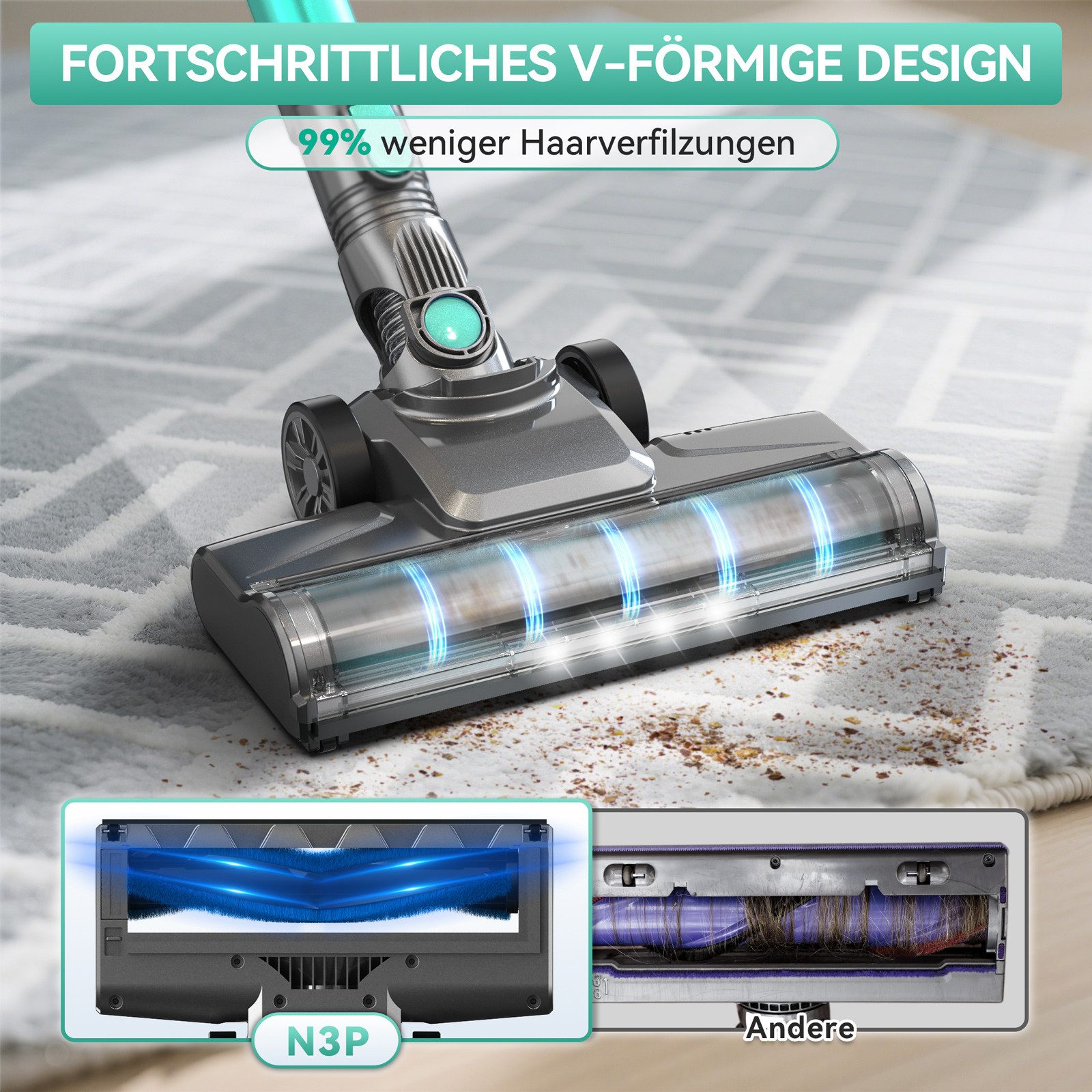 INSE Akku-Hand-und Stielstaubsauger N3P Kabelloser Staubsauger Anti-Haarverfilzung V-Bürste mit LED-Licht, 175 W, beutellos, 28KPa Starke Saugkraft, 55Minuten Laufzeit, Großvolumen-Staubbecher