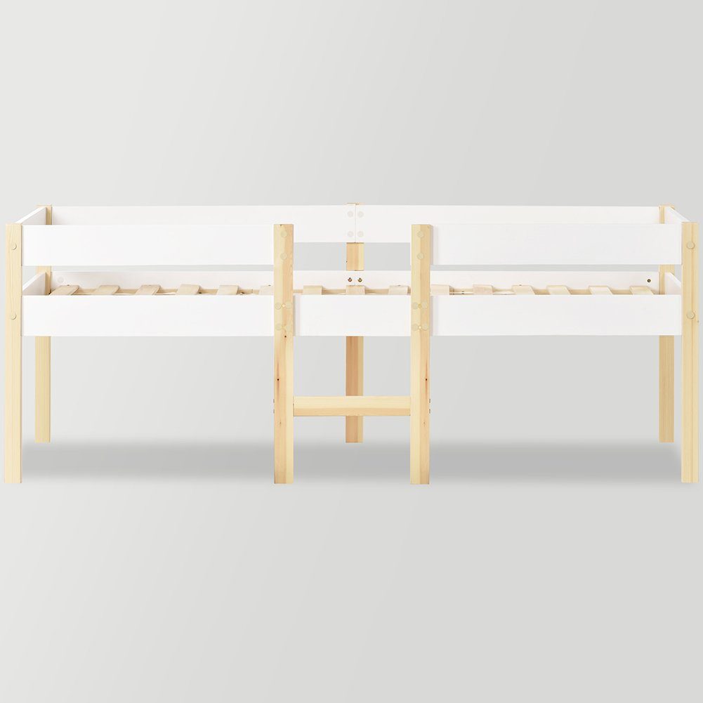Hochbett (Kinderbett Einzelbett) inklusive Rausfallschutz, Lattenrost und Holzleiter, Kiefer, 90x190cm
