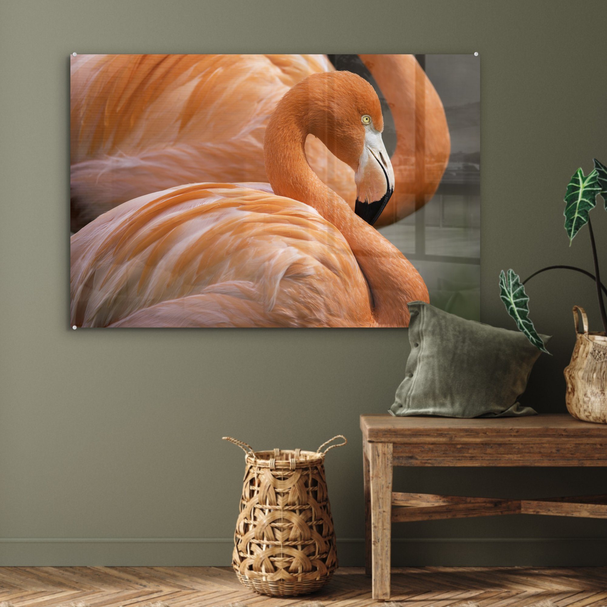 Schlafzimmer & Acrylglasbilder Flamingos nebeneinander, Wohnzimmer (1 St), MuchoWow stehen Acrylglasbild Zwei