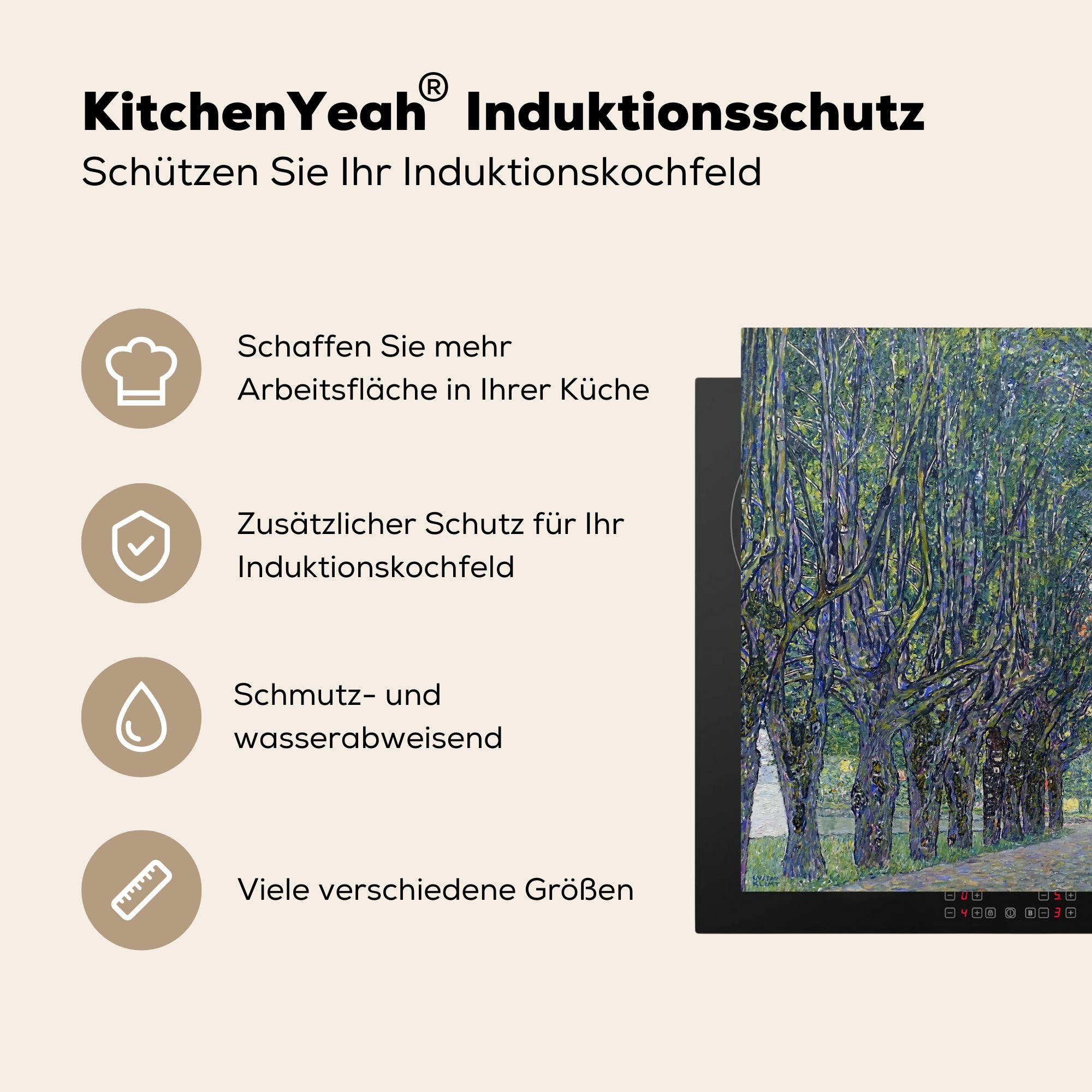 MuchoWow Herdblende-/Abdeckplatte Allee Gustav Ceranfeldabdeckung, tlg), 78x78 schloss zum Arbeitsplatte küche Vinyl, (1 cm, - Klimt, kammer für