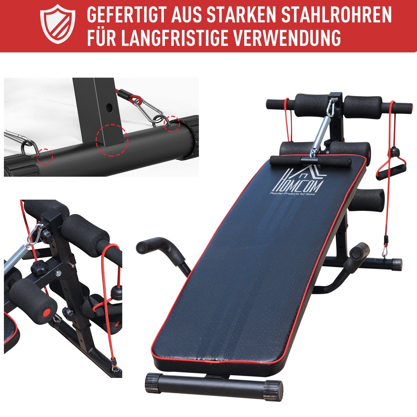 HOMCOM Bauchtrainer Sit-Up-Bank mit Widerstandsbänder