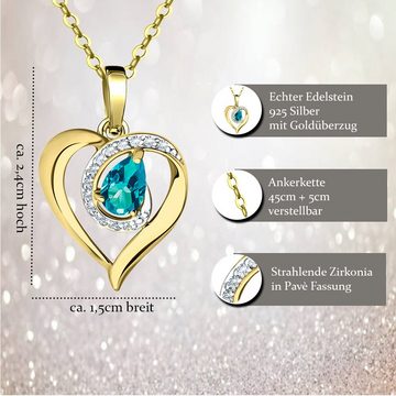 Limana Herzkette echter äthiopischer Opal blau Silber 925 Gold Kette mit Herz-Anhänger (inkl. Herz Geschenkdose und Tasche), 45-50cm Damengeschenk Liebe Geschenk Idee Goldkette Edelsteinschmuck