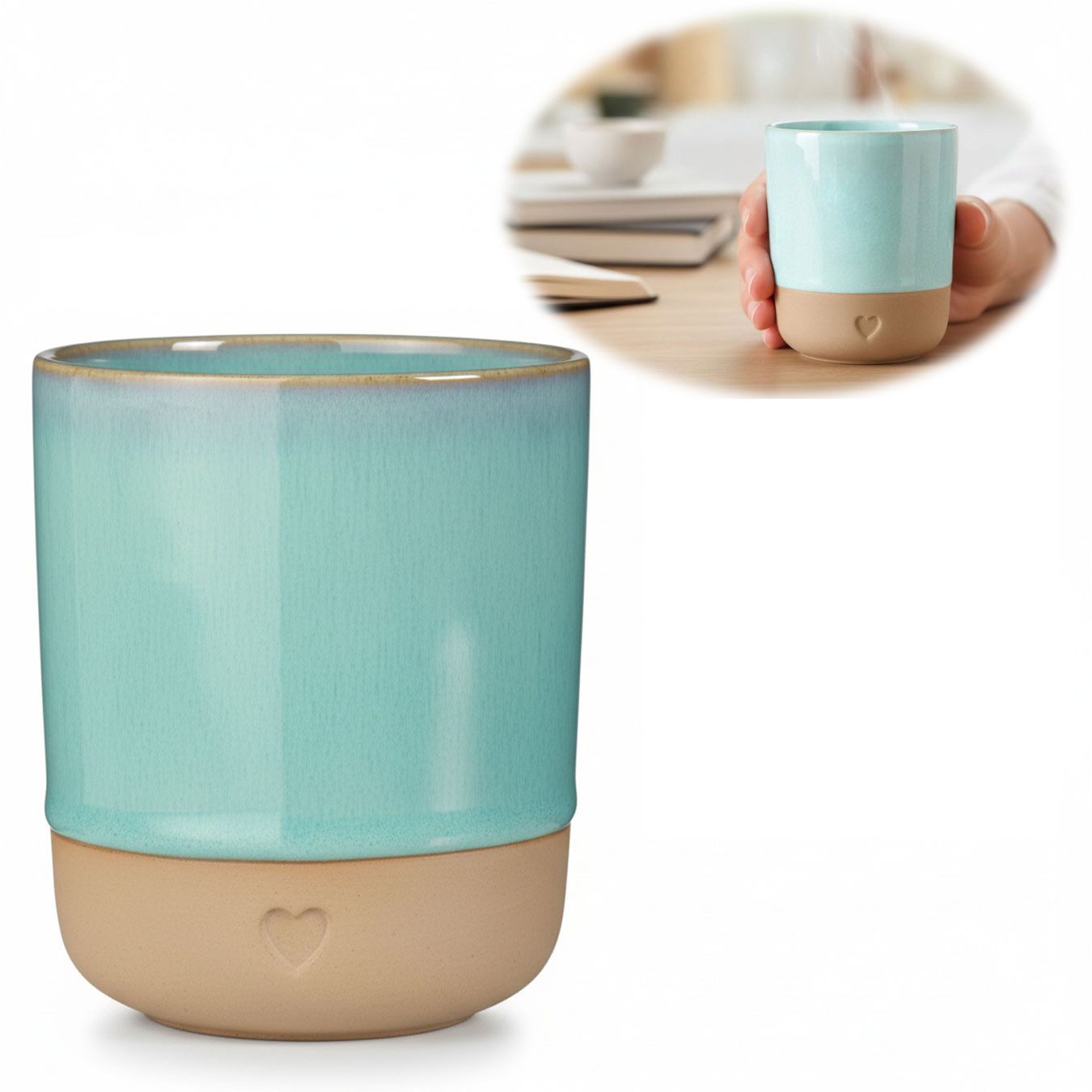 LS-LebenStil Becher Exklusiver Kaffeebecher 190ml Aqua Herz Teebecher ohne Henkel Griff, 1-tlg., Steingut, Steingut handgetöpfert Kaffeetasse Kaffee Milchkaffee Cappuccino