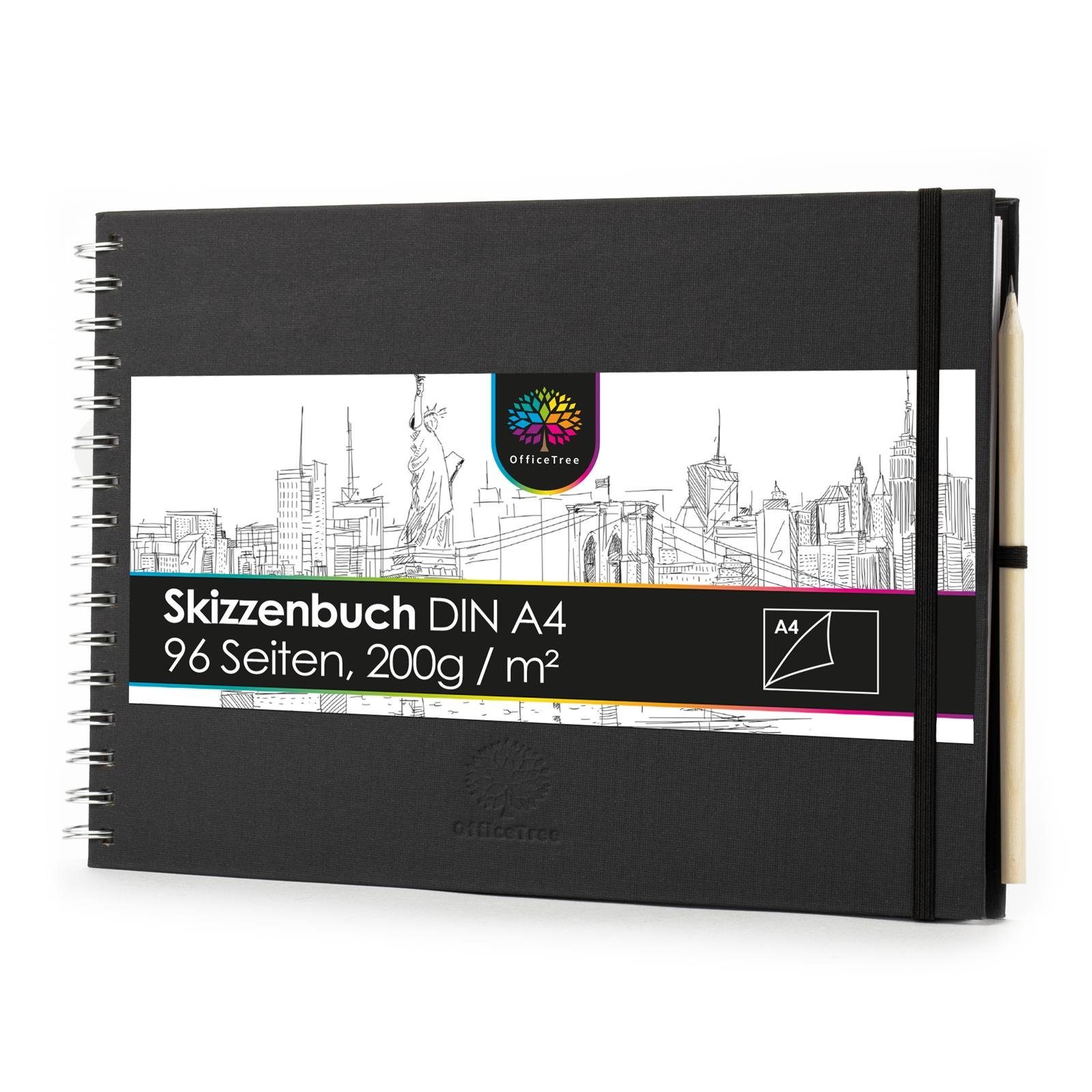 OfficeTree Skizzenbuch OfficeTree Skizzenbuch A4 quer mit Verschluss, Stift und Stiftehalter, 96 Seiten 48 Blätter - Sketchbook 200g - Weißes Blanko Papier