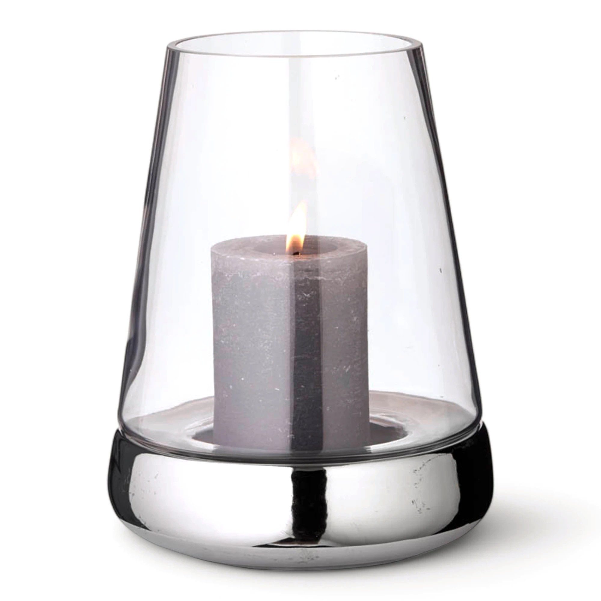 EDZARD Windlicht Bora (H 28 cm, Ø 18 cm) Glas, Fuß Keramik mit Silber-Optik, Laterne für Stumpenkerzen