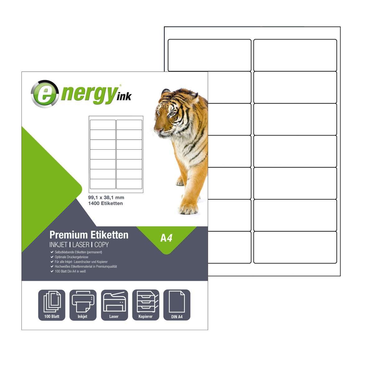 Energy-ink Etikettenpapier energy ink ET99,1x38,1, Etiketten 99,1 x 38,1 mm 100 Blatt = 1400 Etiketten