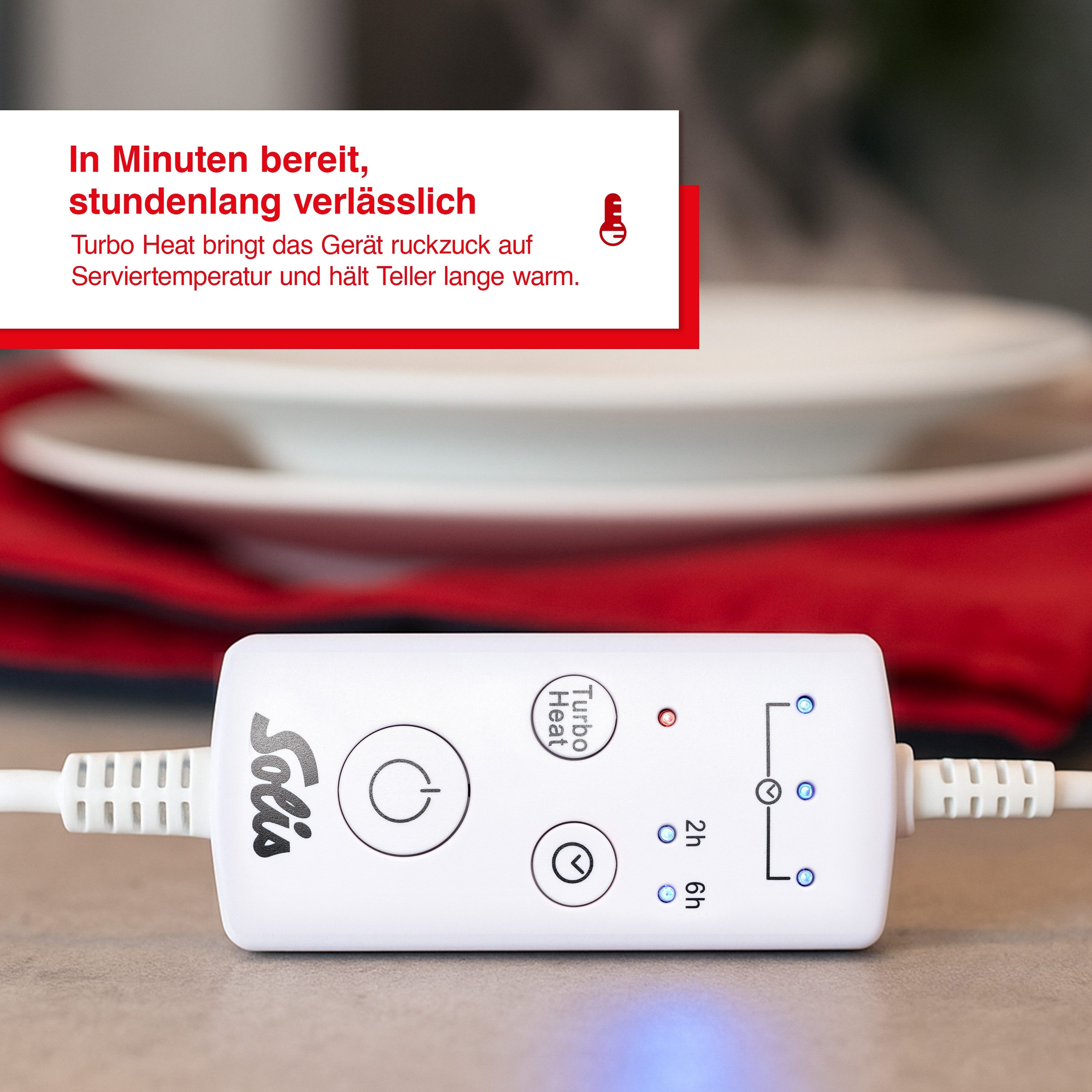 SOLIS OF SWITZERLAND Tellerwärmer Maxi Gourmet, Typ 8651, 10 Teller bis 32 cm, Überhitzungsschutz, Baumwolle