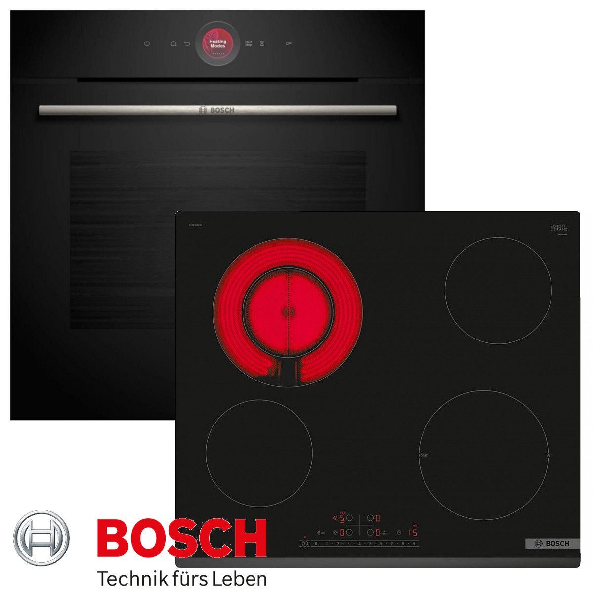 BOSCH Elektro-Herd-Set Bosch Herd-Set Autark Backofen Serie 8 Teleskop + Kochfeld Glaskeramik, mit Teleskopauszug nachrüstbar, -ecoClean Plus Ausstattung: Rückwand, EcoClean-Rückwand, TFT-Display, PowerBoost