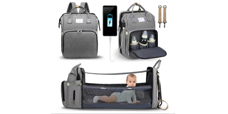 feinlux Wickeltasche Tragbare Wickeltasche mit faltbarem Babybett und Moskitonetz (Packung, großem Fassungsvermögen, reißfest, Kinderwagen-Rucksack), mit tragbarem Reisebett und USB-Ladeanschluss