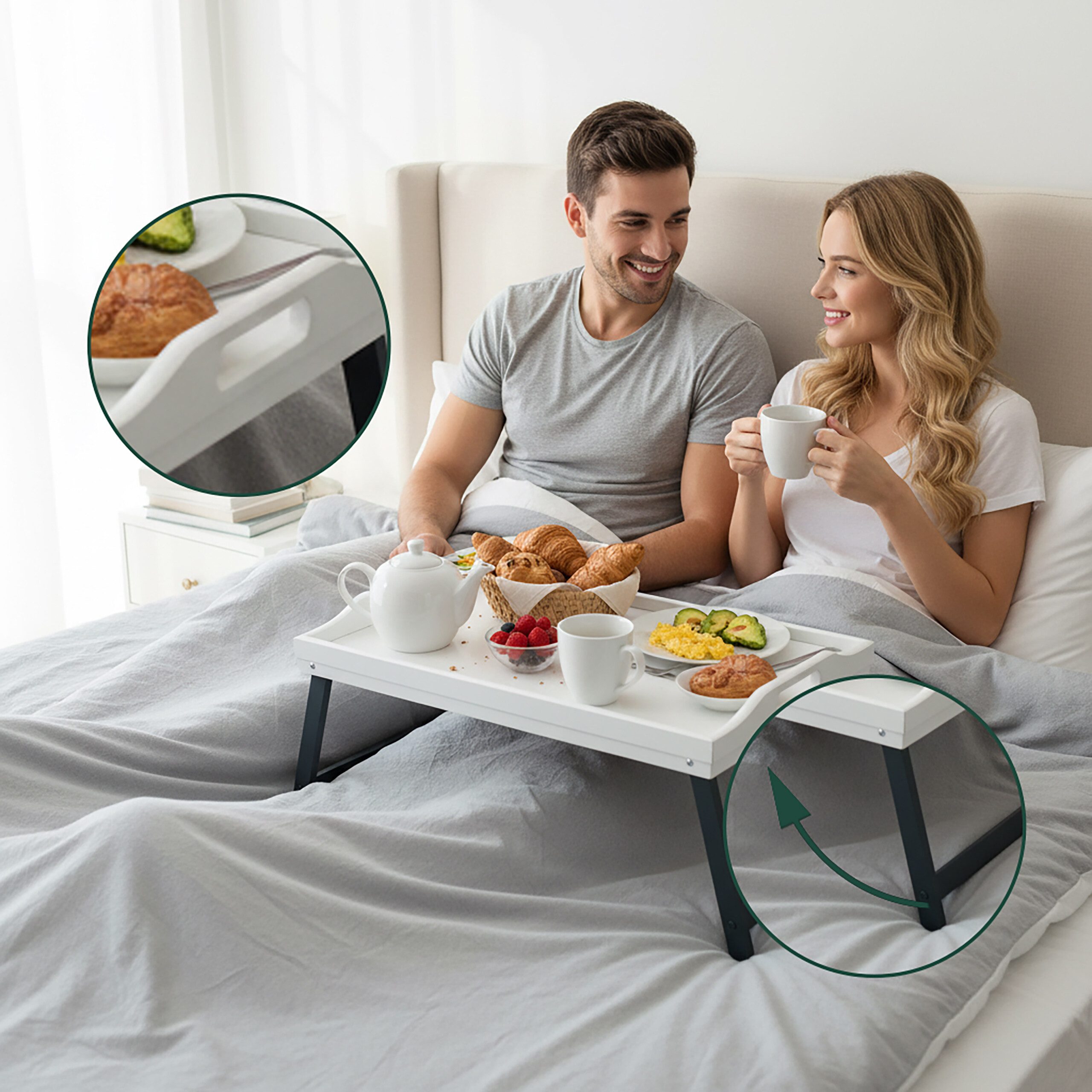 relaxdays Tabletttisch Betttablett aus Bambus, Weiss-grau