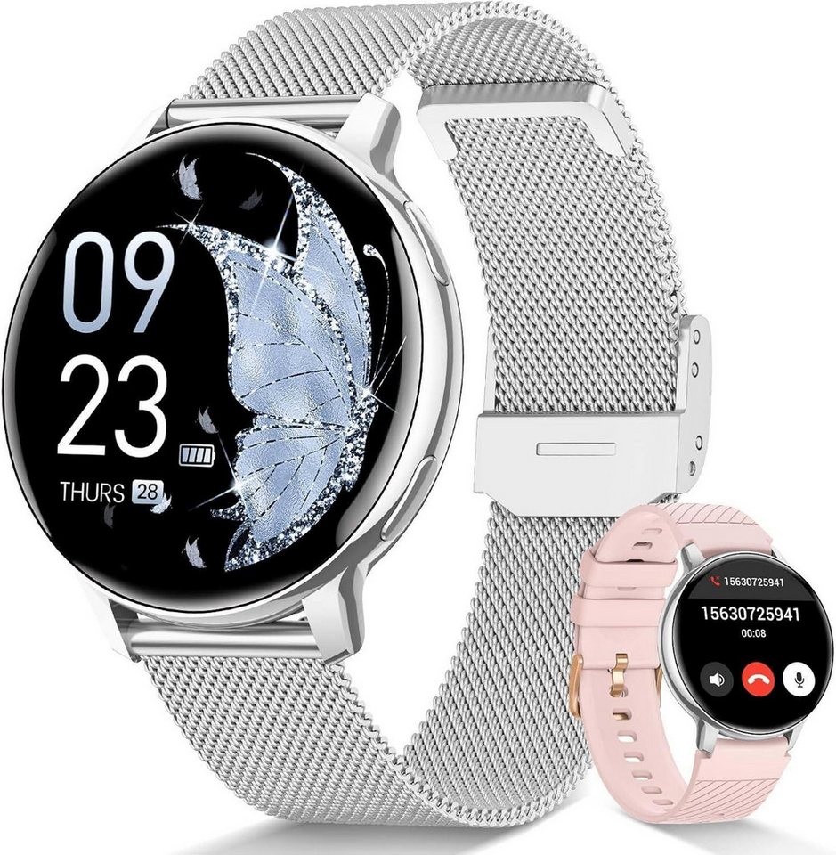 Whraills 2026 NEW Smartwatch Damen Fitnesstracker Uhr mit Anrufe,Pulsuhr,SpO2 Smartwatch (3.53 cm/1,39 Zoll, HD Touchscreen), Smartwatch für Damen mit Blutdruck,Schlafmonitor,Zyklus,2 Armbänder