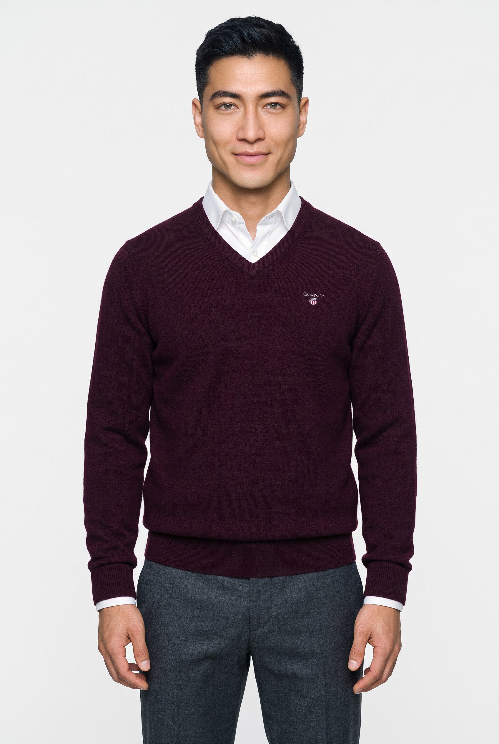 Gant V-Ausschnitt-Pullover SUPERFINE LAMBSWOOL V-NECK regular fit aus reiner Wolle, gerippte Abschlüsse