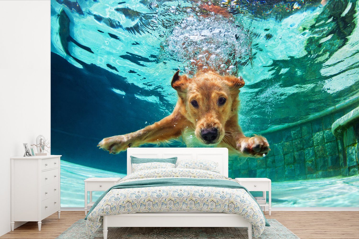 MuchoWow Fototapete Pool - Hund - Wasser, Matt, bedruckt, (6 St), Wallpaper für Wohnzimmer, Schlafzimmer, Kinderzimmer, Vinyl Tapete