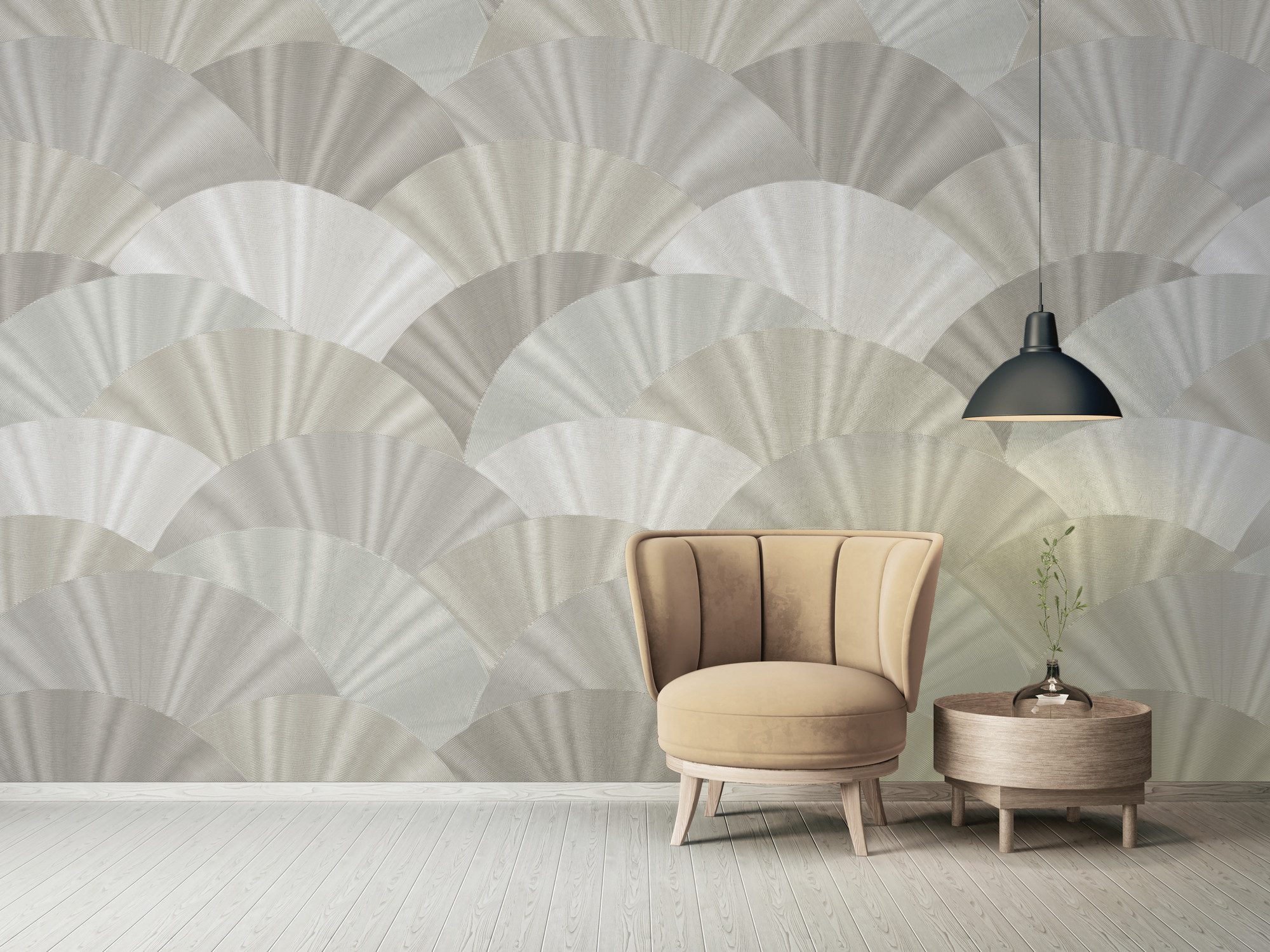 living walls Vliestapete LIMITED – Art-Déco Fächer Fototapete, leicht strukturiert, 3D-Optik, glänzend, geometrisch, (3 St), Geometrisches Fächermuster mit plastischer 3D-Wirkung
