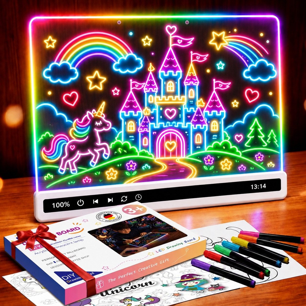 JoJoego Zaubertafel LED-Zeichenbrett mit 16 RGB-Lichteffekten wiederaufladbar 35×25 cm, (Acryl Maltafel abwischbar mit Timer und Ständer, …