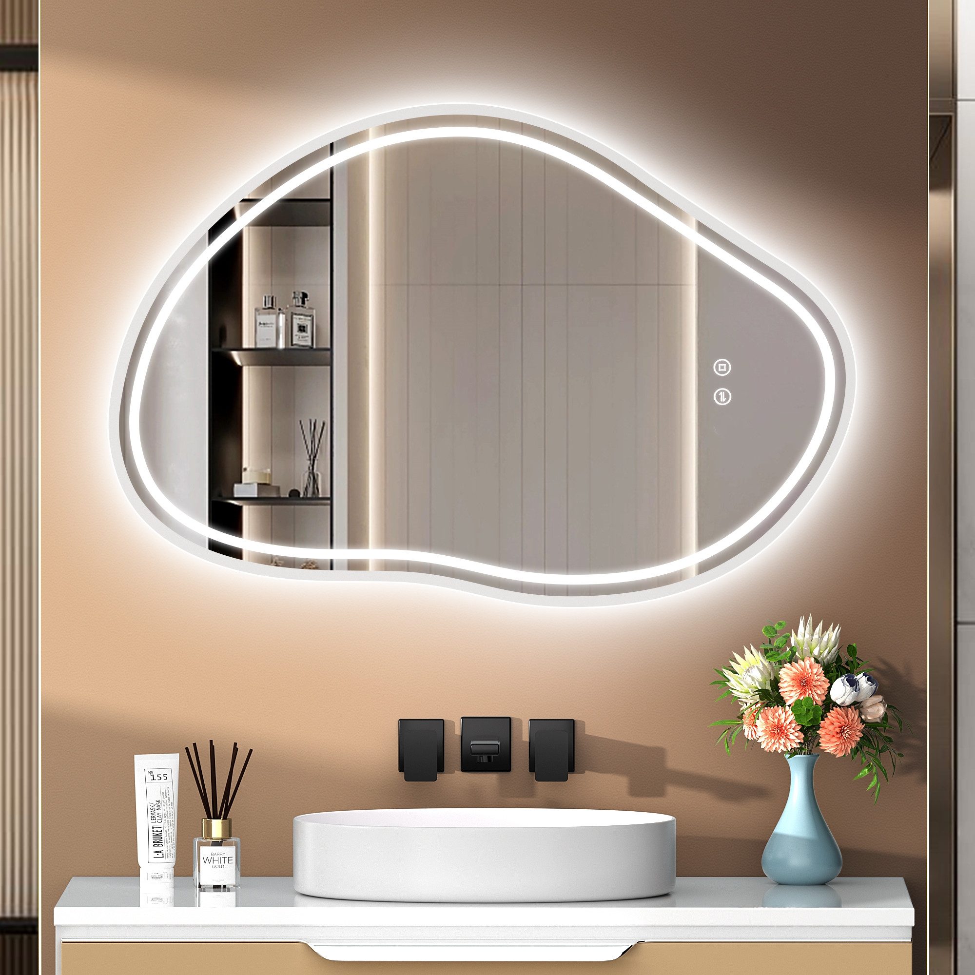 PESENXAN Badspiegel mit Beleuchtung, LED Badezimmerspiegel, 3 Einstellbare Lichtfarben (1-St), Dimmbar, Touch-Schalter, Memory-Funktion, IP44 Wasserfest, 80x53 cm