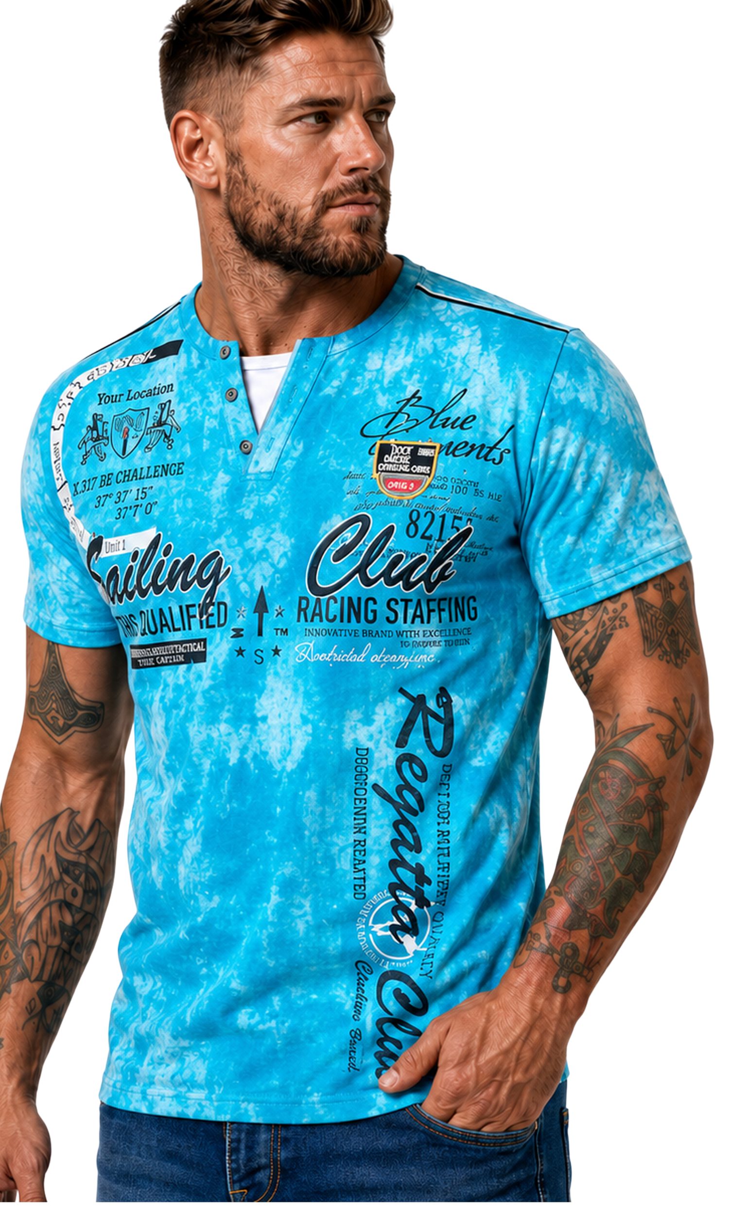 L.gonline Kurzarmshirt Herren T-Shirt, Sommershirt, Batik Optik, 2879 Türkis XXL (Shirt Kurzarmshirt Tee, 1-tlg) Fitness Freizeit Casual