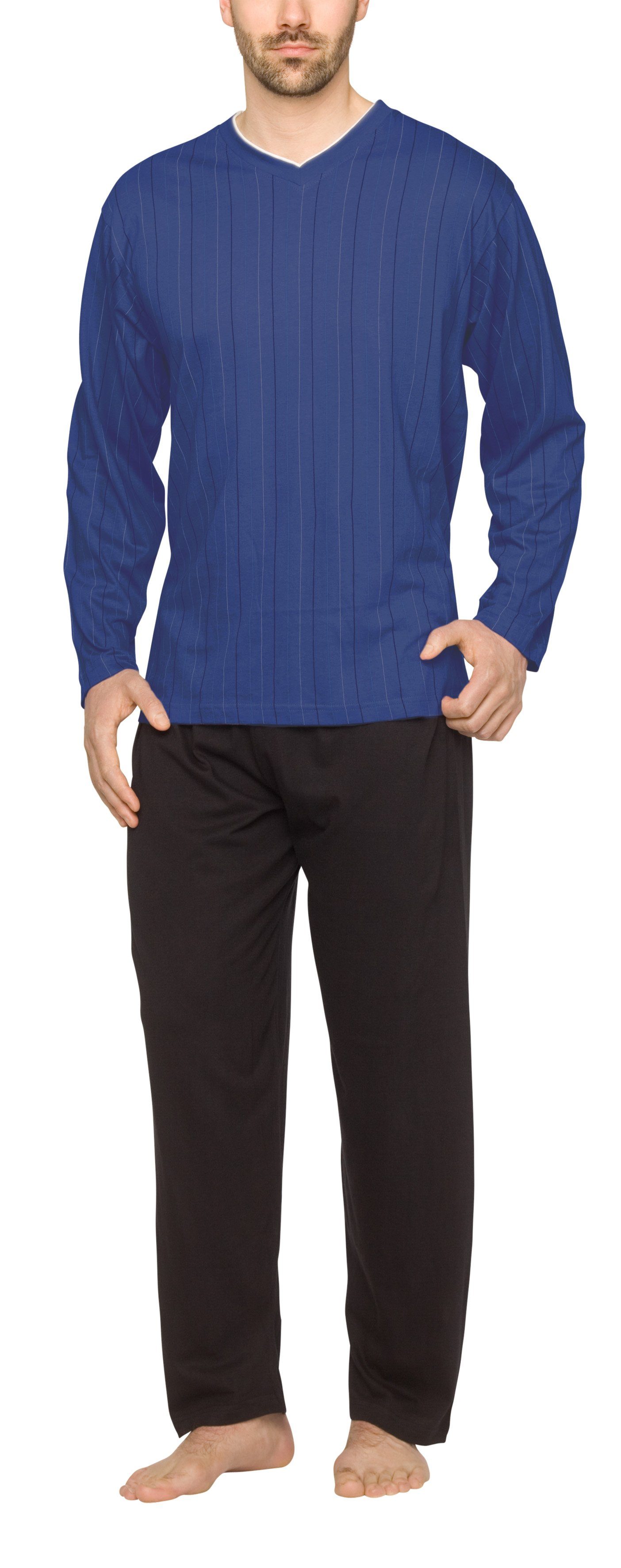 Moonline Pyjama Herren Schlafanzug lang aus 100% Baumwolle mit V-Ausschnitt und Streifen-Design Streifen-Druck auf blau | Pyjamas
