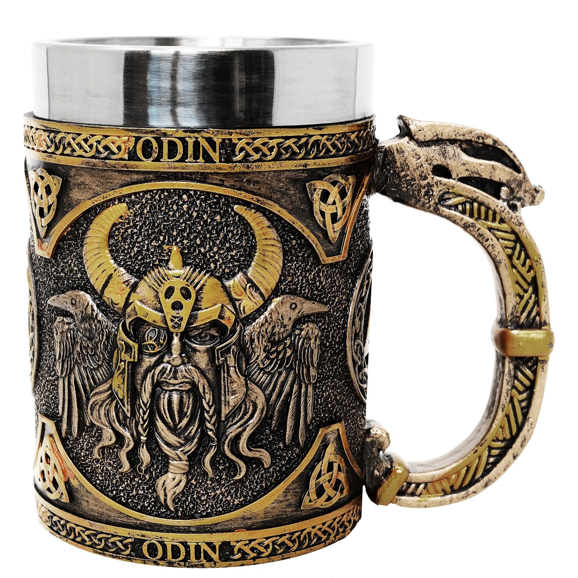 MystiCalls Bierkrug XL Krug Odin 0,5l Fassungsvolumen Wikingerkrug Wikinger Gott, Polyresin, Herausnehmbarer Metalleinsatz