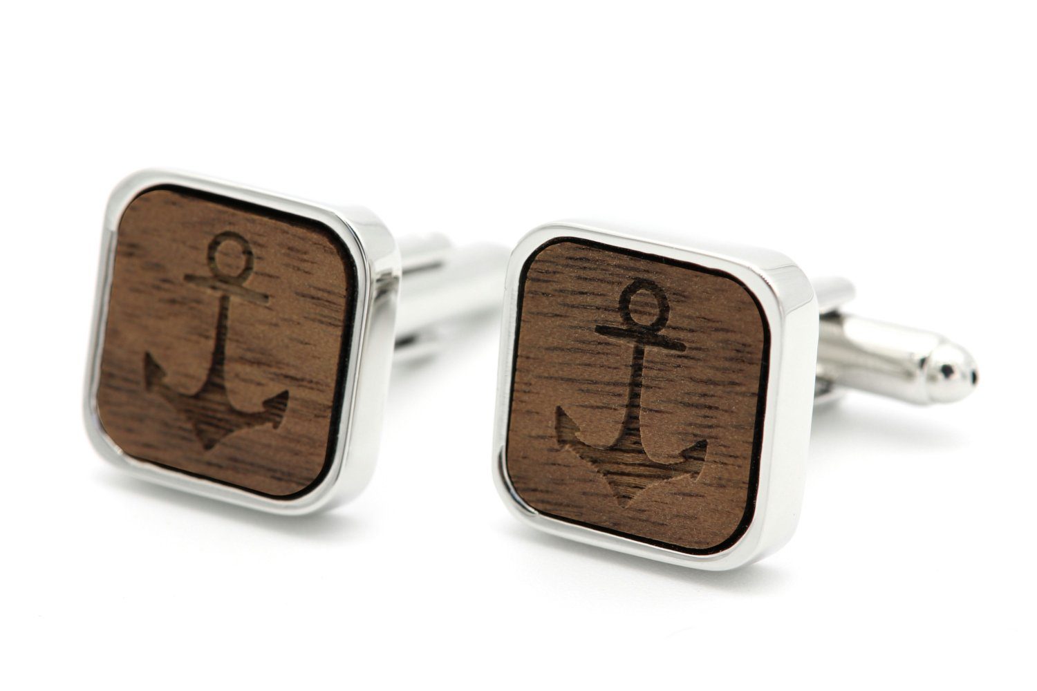 NaturSchatulle Manschettenknöpfe mit Gravur Holz Eckig (schwarz / silber, Trauzeuge, Anker, Kompass, uvm), Cufflinks zur Hochzeit, Anzug