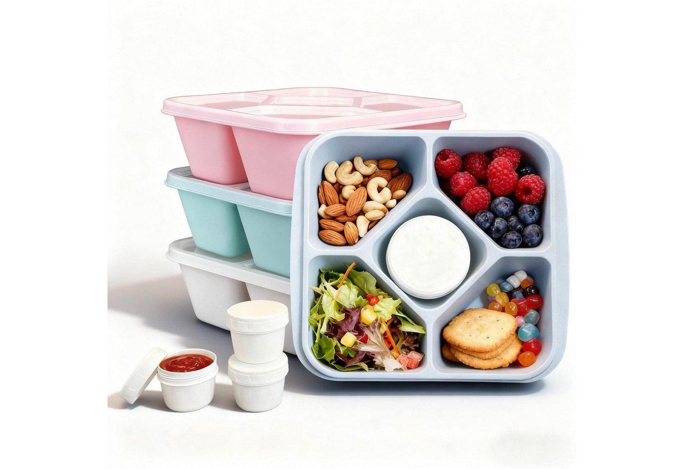 Agger Lunchbox 4er Set Snackboxen mit 5 Fächern – Auslaufsichere Bento Lunchboxen, (4-tlg), mit transparentem Deckel, für Erwachsene & Kinder