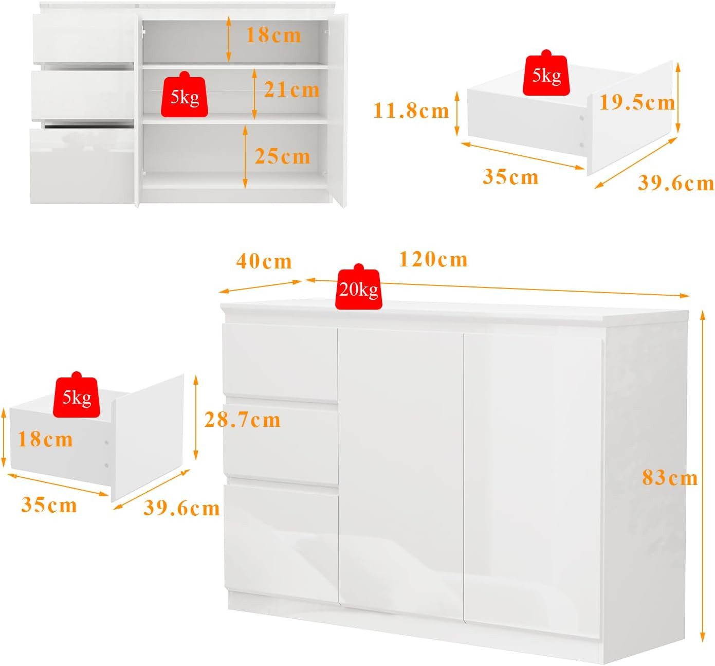 FUFU&GAGA Sideboard Weiß PET Hochglanz LED Kommode grifflos 120 / 155 cm – Bild 4 von 5