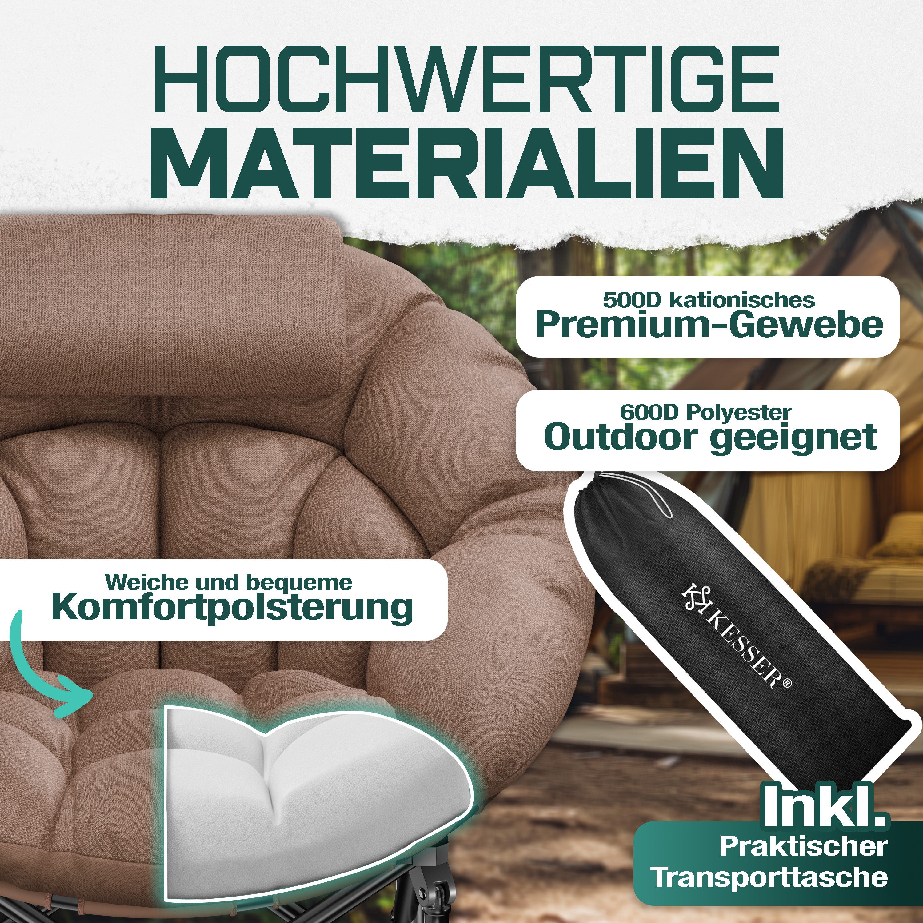 KESSER Campingstuhl XXL faltbar, bis 150 kg, inkl. Kissen, Seitentasche & Cover, Outdoor + Indoor für Camping, Angeln, Festival & Strand – Bild 3 von 5
