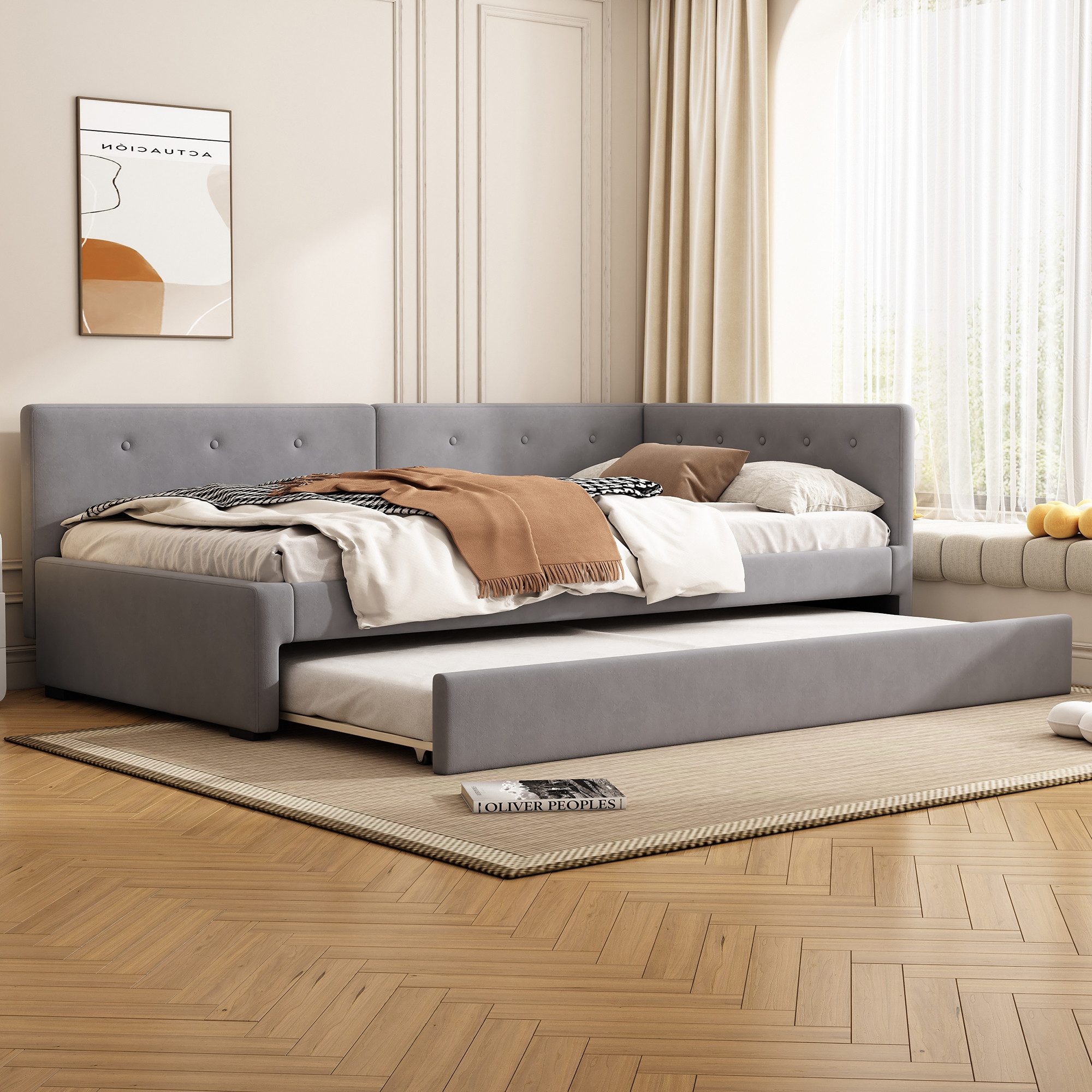 STILVORA Schlafsofa mit bettfunktion,Polsterbett 90x200,Tagesbett ausziehbar, Bettgestell aus Holz, minimalistisches Styling, Ohne Matratze