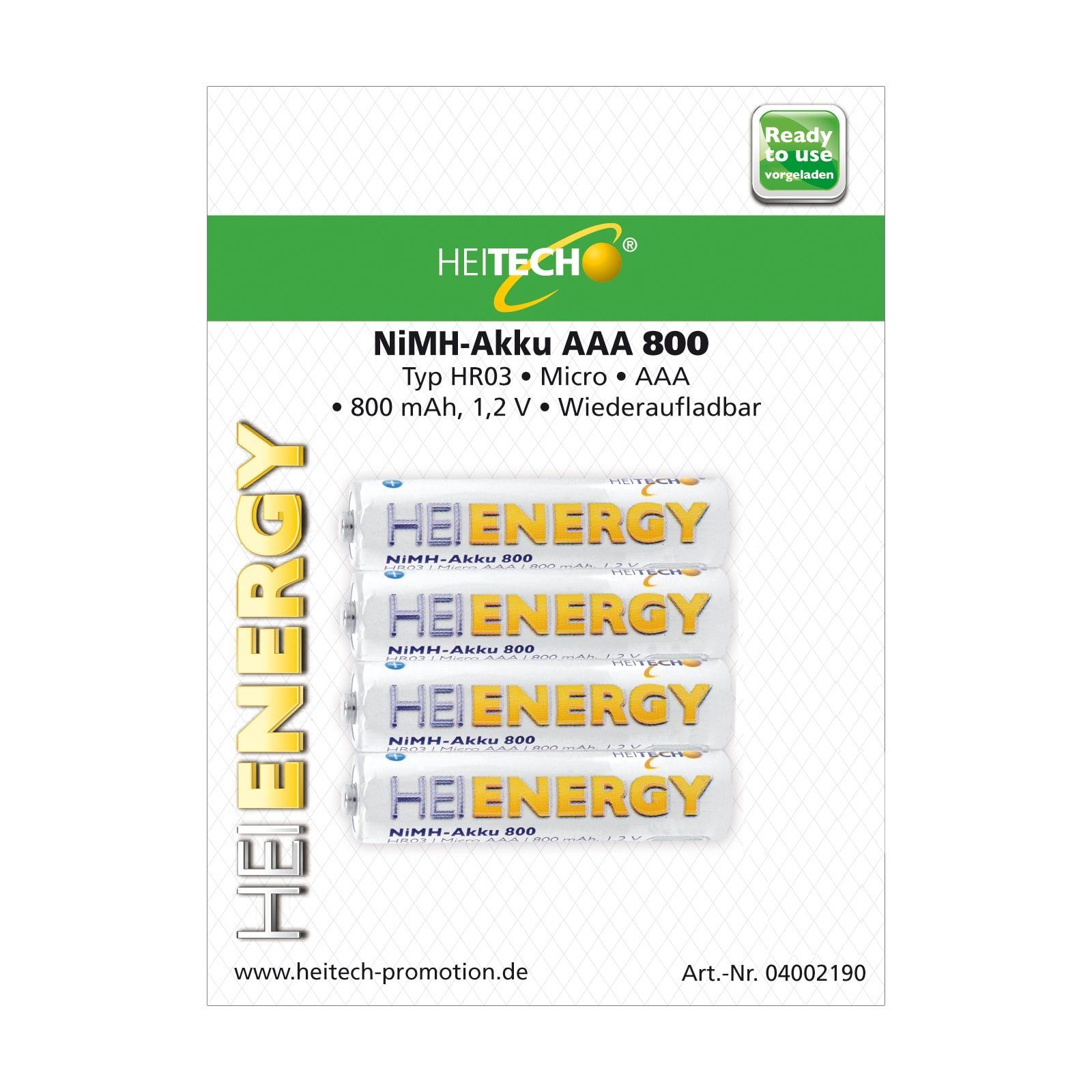 HEITECH 4x AAA Micro NiMH Akkus 800 mAh Akku-Set (1,2 V), Wiederaufladbar, HR03