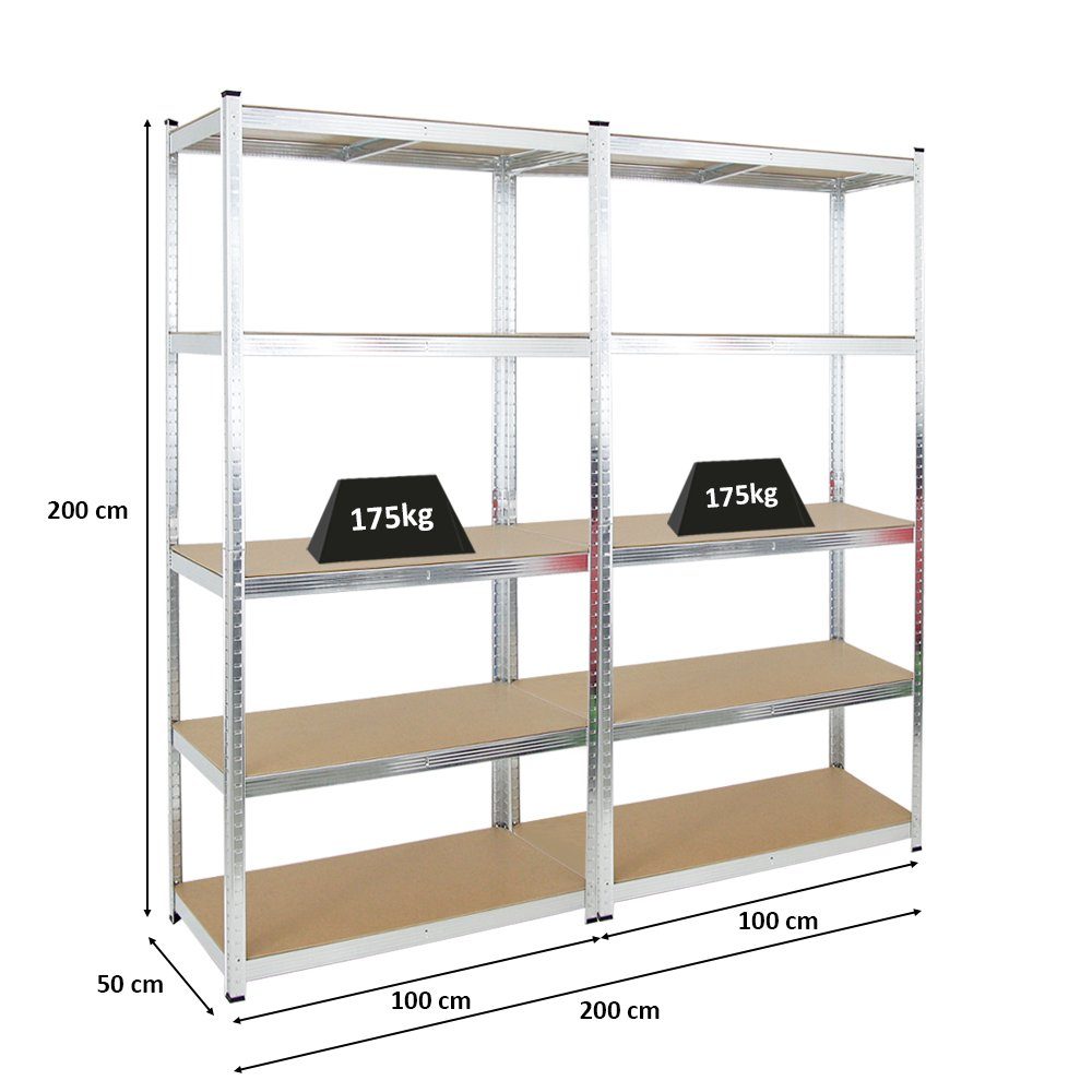 PROREGAL® Schwerlastregal MegaDeal 2x Kellerregal GORILLA 200x100x50cm Fachlast 175kg Verzinkt, Garagenregal Werkstattregal Lagerregal Lastenregal mit 5 MDF-Fachböden
