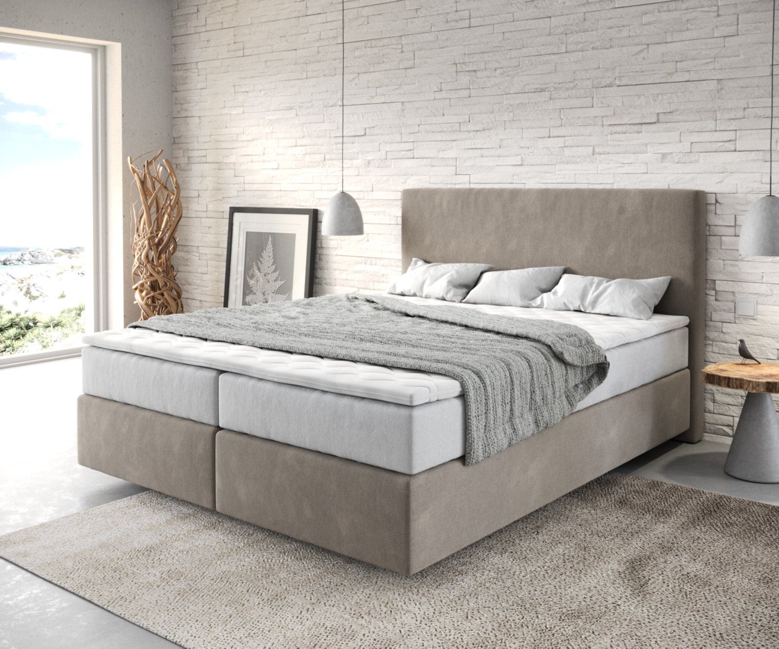 DELIFE Boxspringbett Dream-Well, Mikrofaser Beige 160x200 cm mit TFK Matratze und Visco Topper