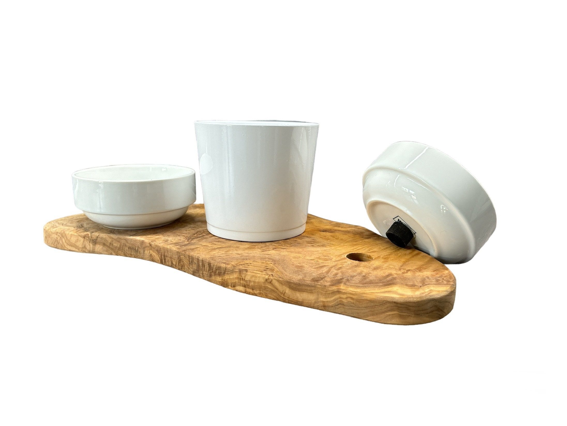 Olivenholz-erleben Futterstation RUSTY 3-in-1 Schalen für Futter, Wasser (2x 0,4L Schalen) Katzengras, Porzellan, Rustikal & edel – echtes Olivenholz kombiniert mit weißem Porzellan