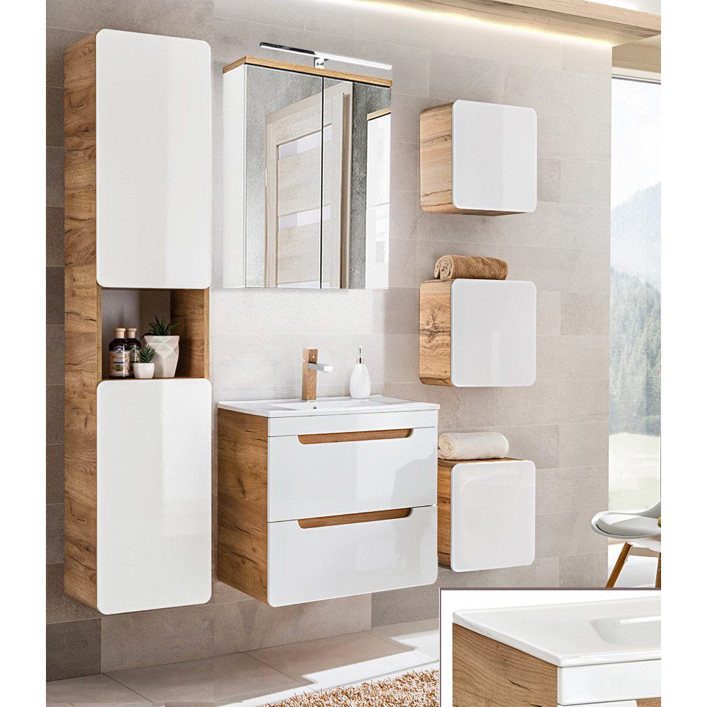 Lomadox Badmöbel-Set LUTON-56, (Spar-Set, 6-St), weiß mit Wotan Eiche Nb. 1 günstig online kaufen