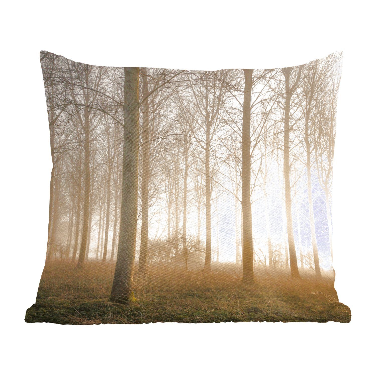 Wohzimmer, - MuchoWow Zierkissen Schlafzimmer, Deko, Wald Füllung für mit Nebel, - Dekokissen Sonne Sofakissen