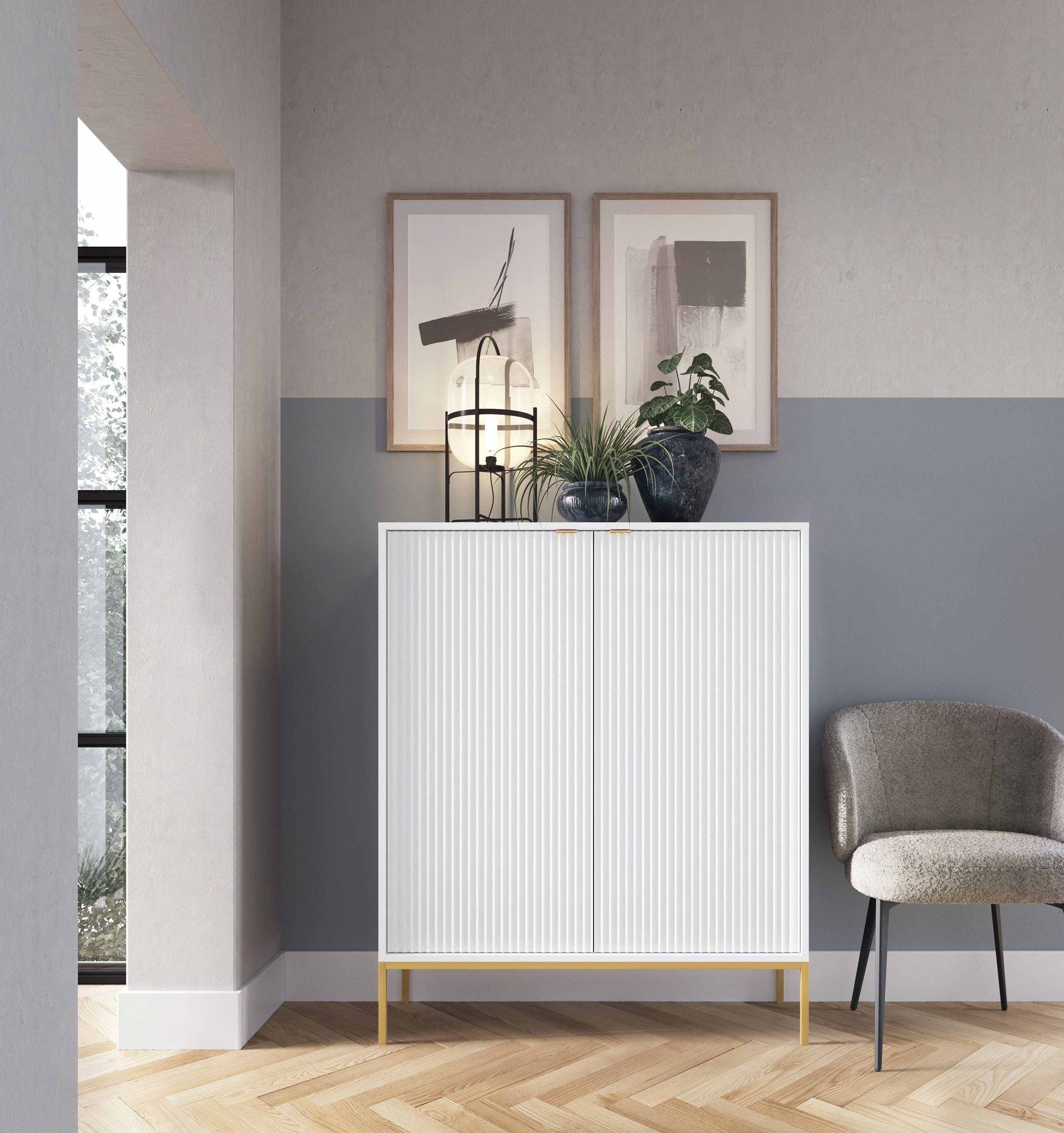 Selsey Highboard VELLORE, 2-türig mit 6 Fächern, goldenem Gestell, 125 cm hoch