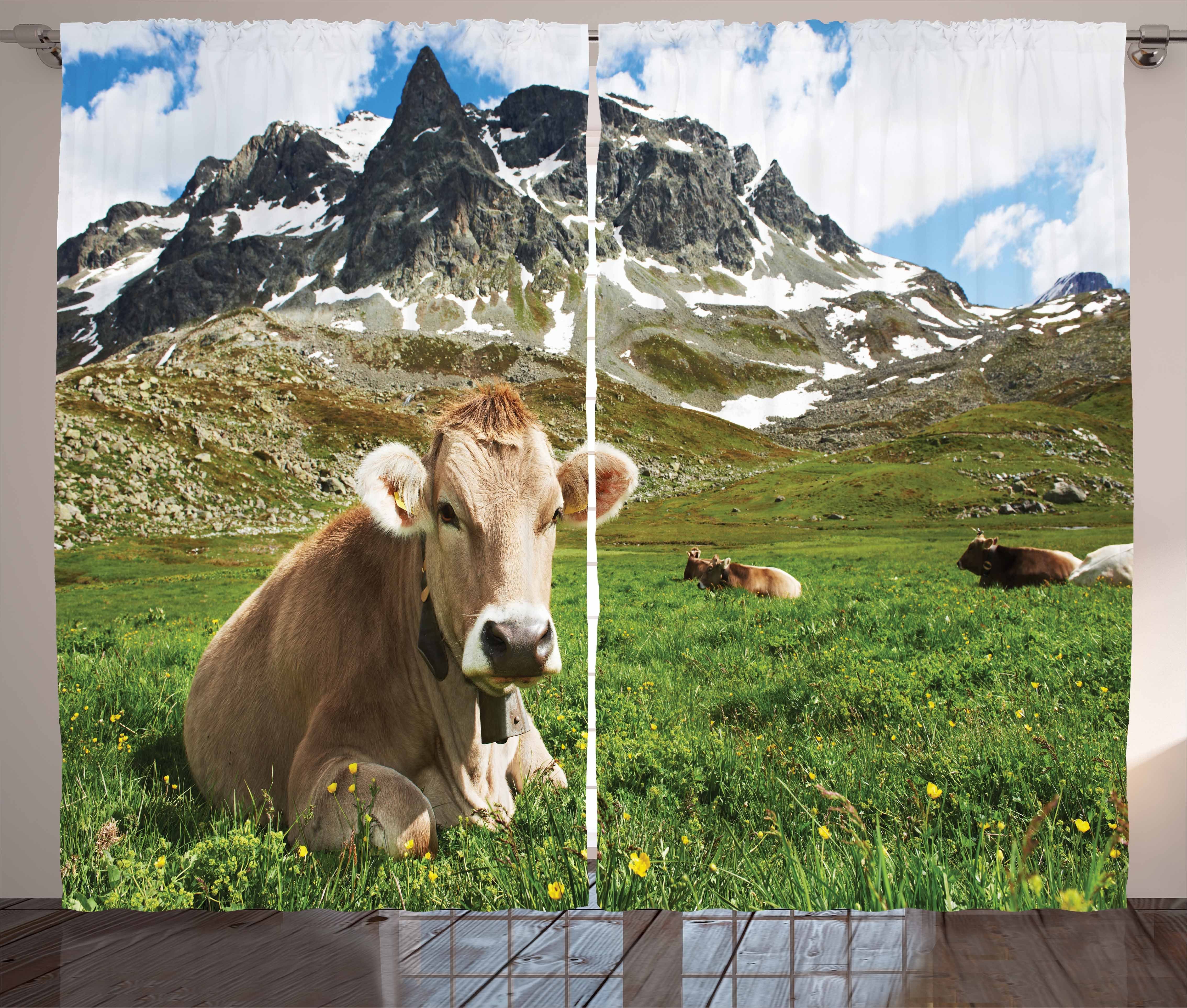 Gardine Schlafzimmer Kräuselband Vorhang mit Schlaufen und Haken, Abakuhaus, Das Vieh Alpine Mountain Milchkuh