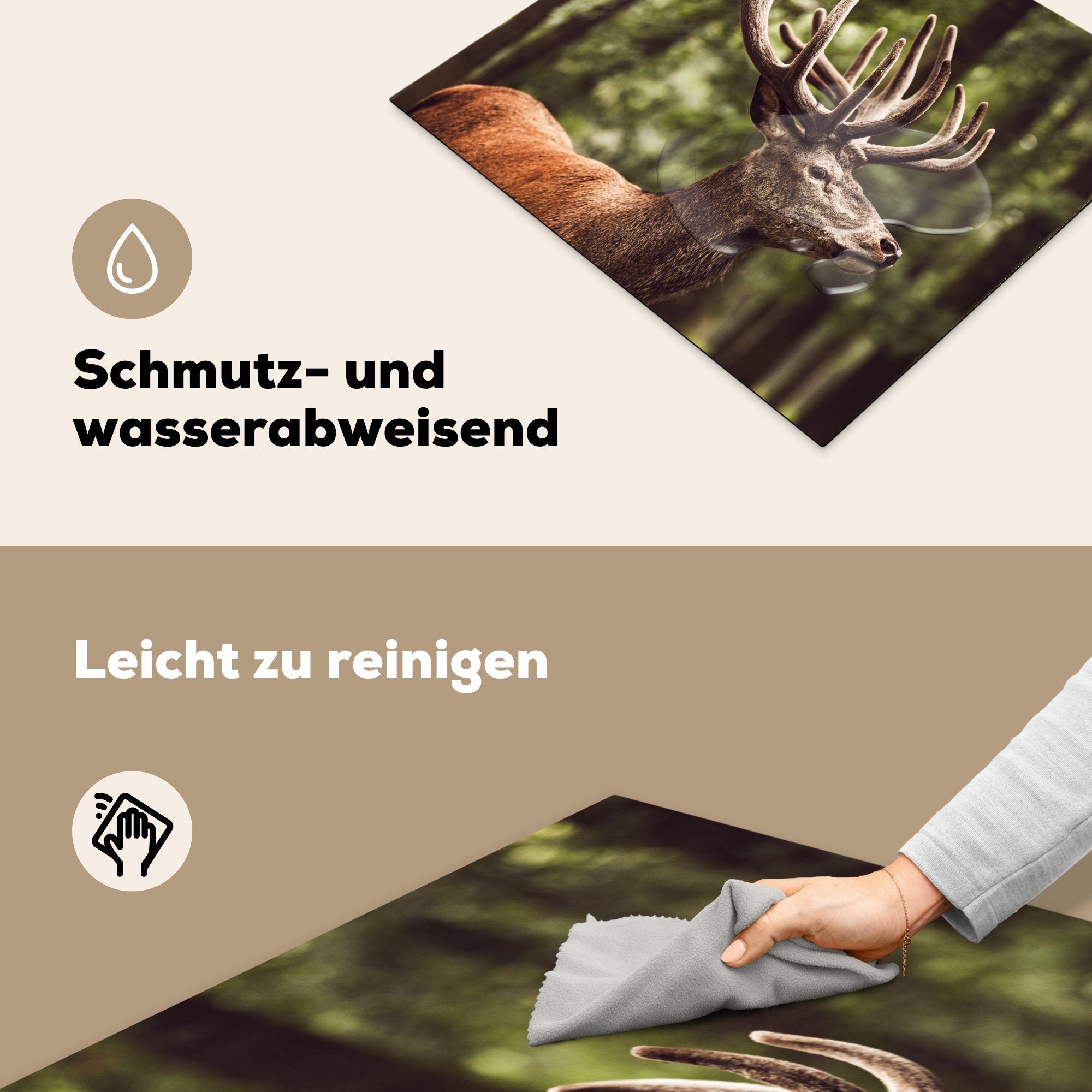 MuchoWow Herdblende-/Abdeckplatte Hirsch - Natur Vinyl, - Ceranfeldabdeckung Induktionskochfeld, Tiere, - - cm, Wald Geweih Induktionsschutz, tlg), (1 57x51