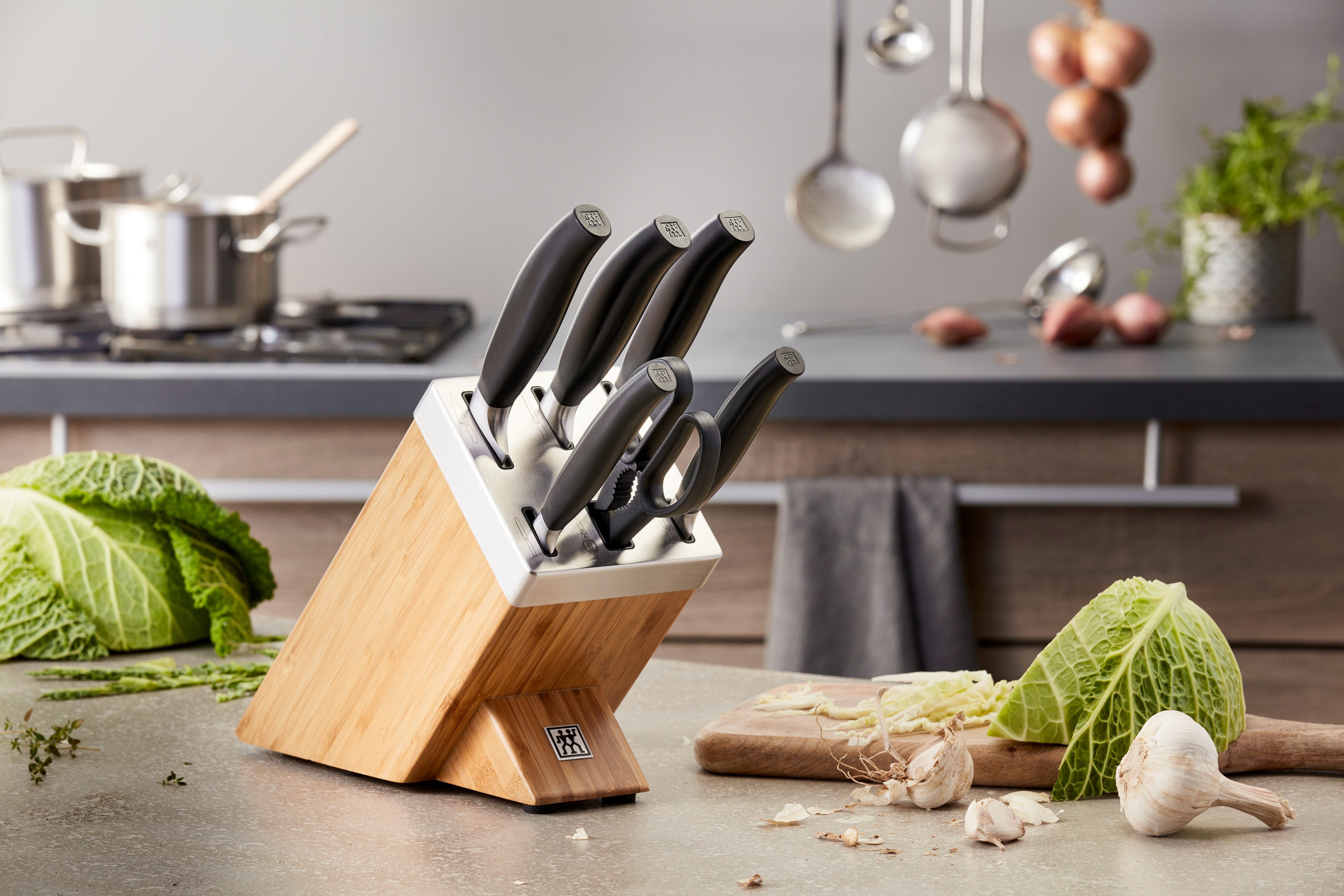 Zwilling Messerblock ***** FIVE STAR (7tlg), Selbstschärfender Messerblock, inkl. 5 Messer + Schere, Bambus