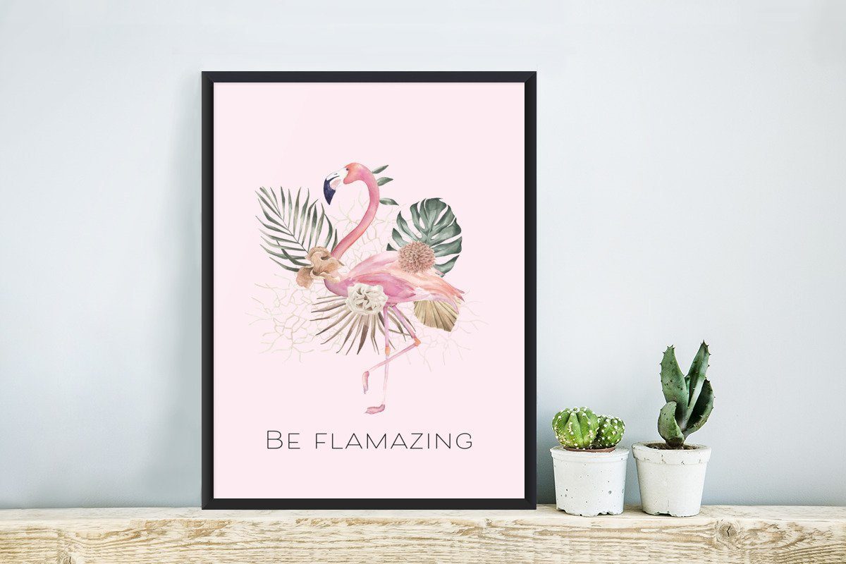 MuchoWow Poster Flamingo St), (1 Zitate, Bilder, Gerahmtes Blumen Bilderrahmen Poster, - Schwarzem - Wandposter, Wanddeko