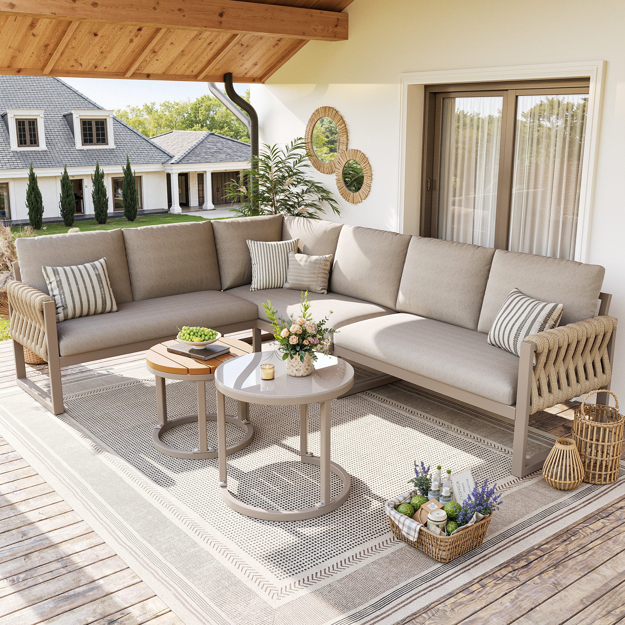Merax Gartenlounge-Set L-förmiges Gartensofa-Set aus Eisen, (Gartenlounge Set mit verstellbaren Beinen & abnehmbaren Kissen, 5-tlg), 6-Sitzer Gartenmöbel Sitzgruppe mit Couchtische, 2-Sitzer-Sofa,Ecksofa