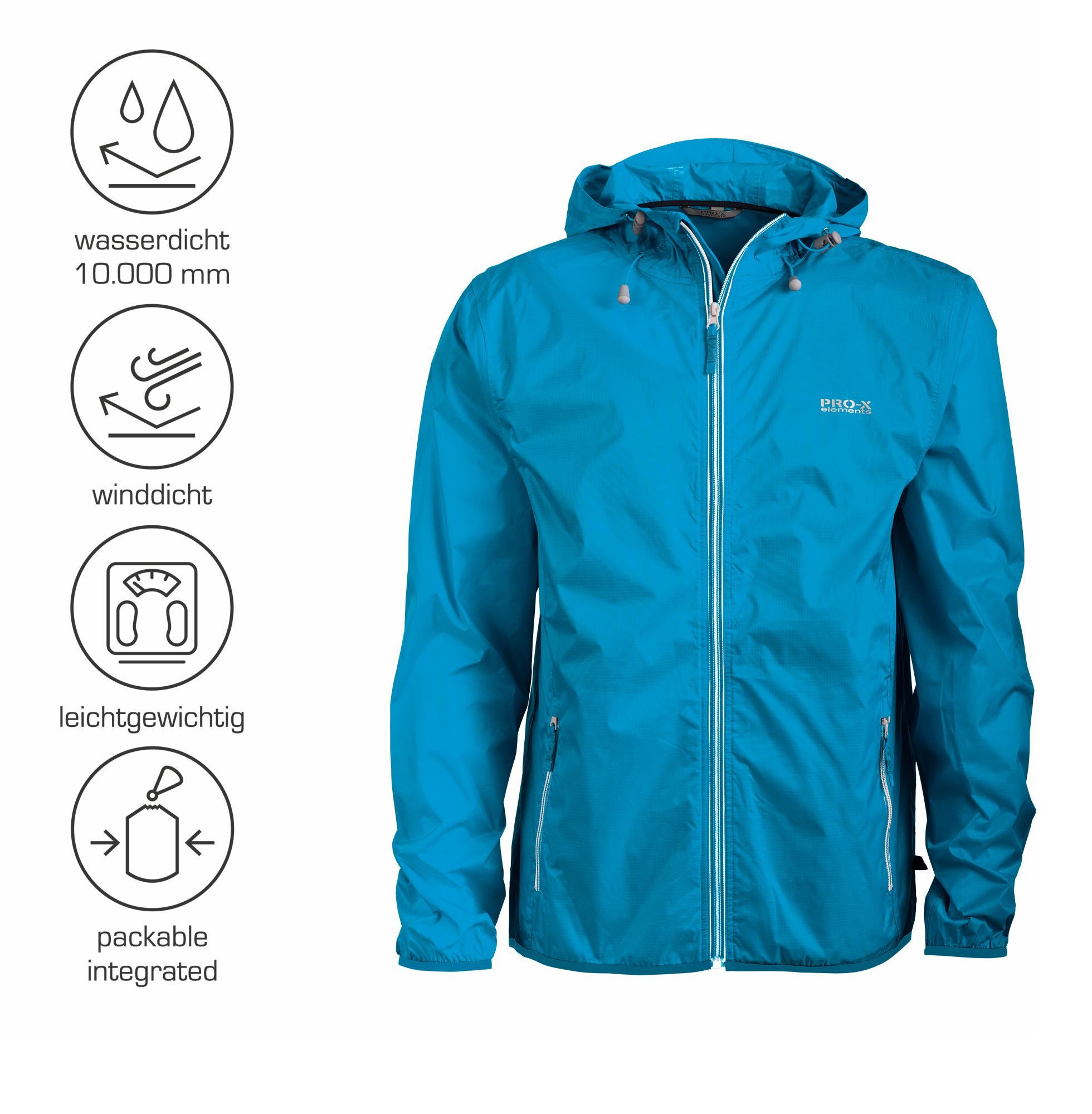 PRO-X ELEMENTS Regenjacke Fahrradjacke STAR wasserdicht, atmungsaktiv, winddicht integr. Packtasche, Reißverschluß, Kinnschutz, Kapuze