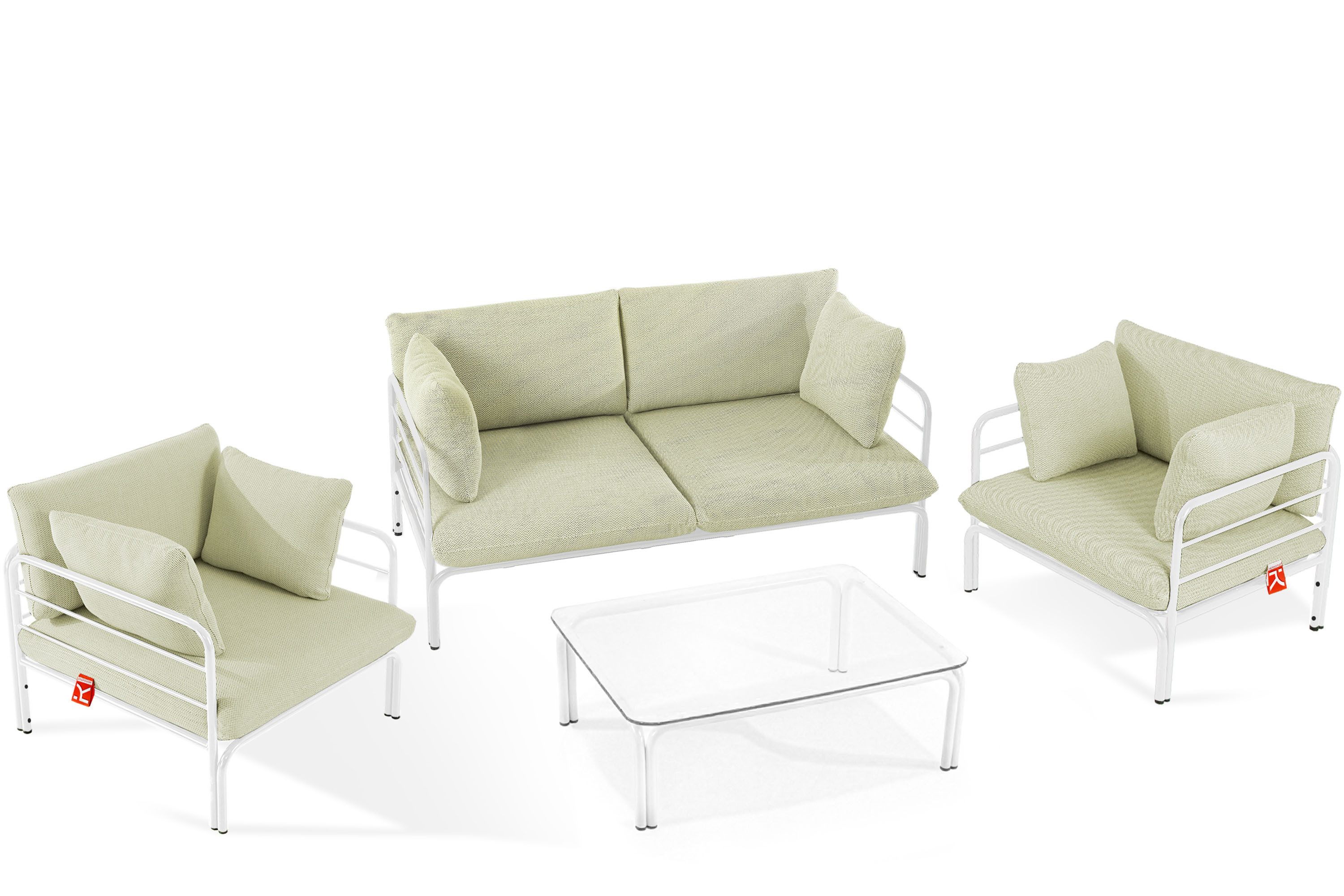 KONSIMO® Gartenlounge-Set RAMBE Gartenmöbelset, hergestellt in der EU, (Gewicht des Sets ca. 76 kg, 4-tlg., 1x Tisch, 2x Sessel, 1x Sofa 2-Sitzer), handgefertigt, Loft-Stil, mit Kissen, fischgrätenmuster