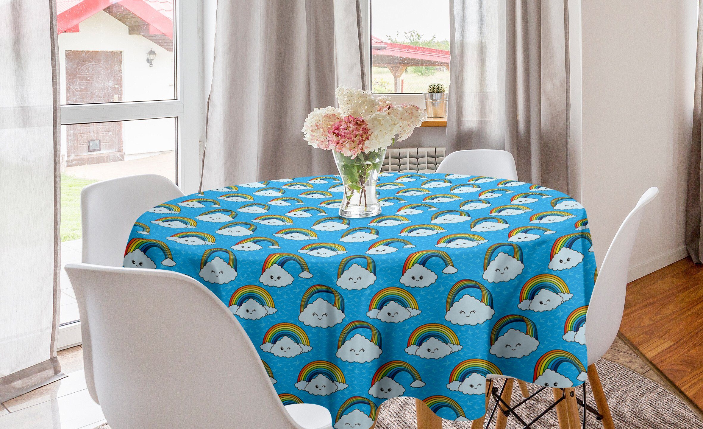 Regenbogen Esszimmer Küche Kindisch Tischdecke Abakuhaus Wolken Glückliche Dekoration, Kreis Tischdecke für Abdeckung und