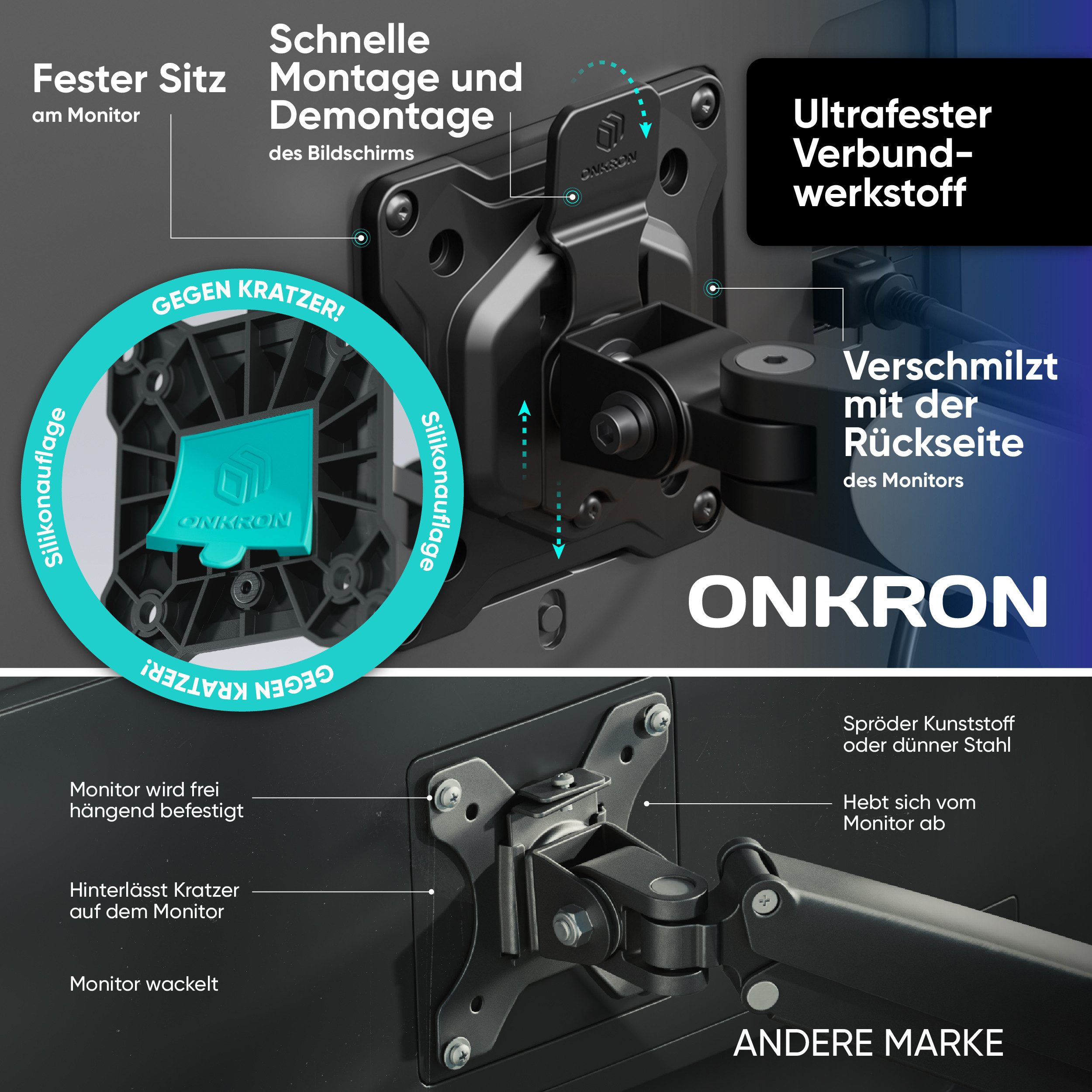 ONKRON Monitor-Halterung 13-32 Zoll, bis 8 kg, VESA 75x75-100x100, (bis 34 Zoll, neigbar, schwenkbar, drehbar, Gasdruckfeder, Kabelmanagement) – Bild 4 von 5