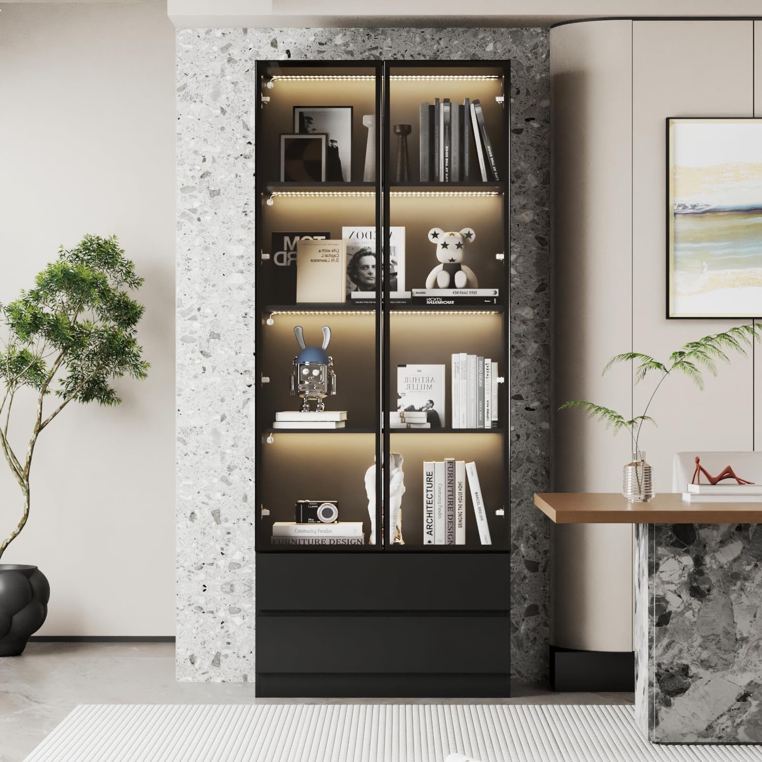 FUFU&GAGA Glasvitrine mit LED 200cm Vitrine Weiss Schwarz/ Weiß Glastueren Schubladen
