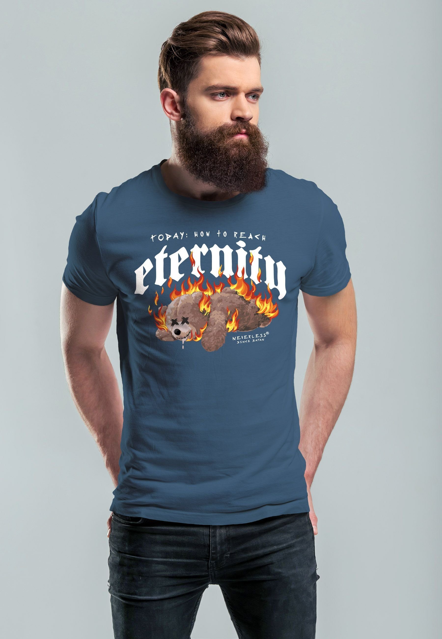Print Neverless Print-Shirt Ironie blue Print Sarkasmus Bär Aufdruck mit denim Herren Eternity Teddy T-Shirt Fash