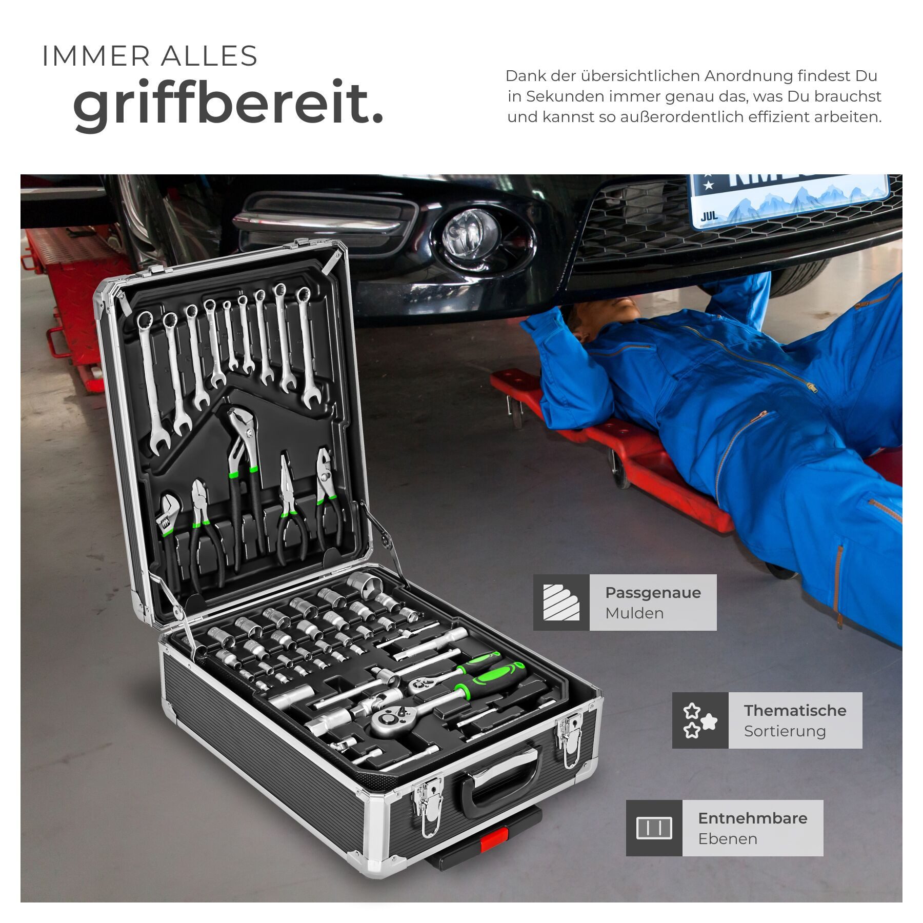 tectake Werkzeugtrolley Werkzeugkoffer alu mit 1200 Teilen und 4 Ebenen (leerer Aluminium Werkzeugkoffer, in schwarz), rollen und teleskopgriff für einfache mob – Bild 4 von 5